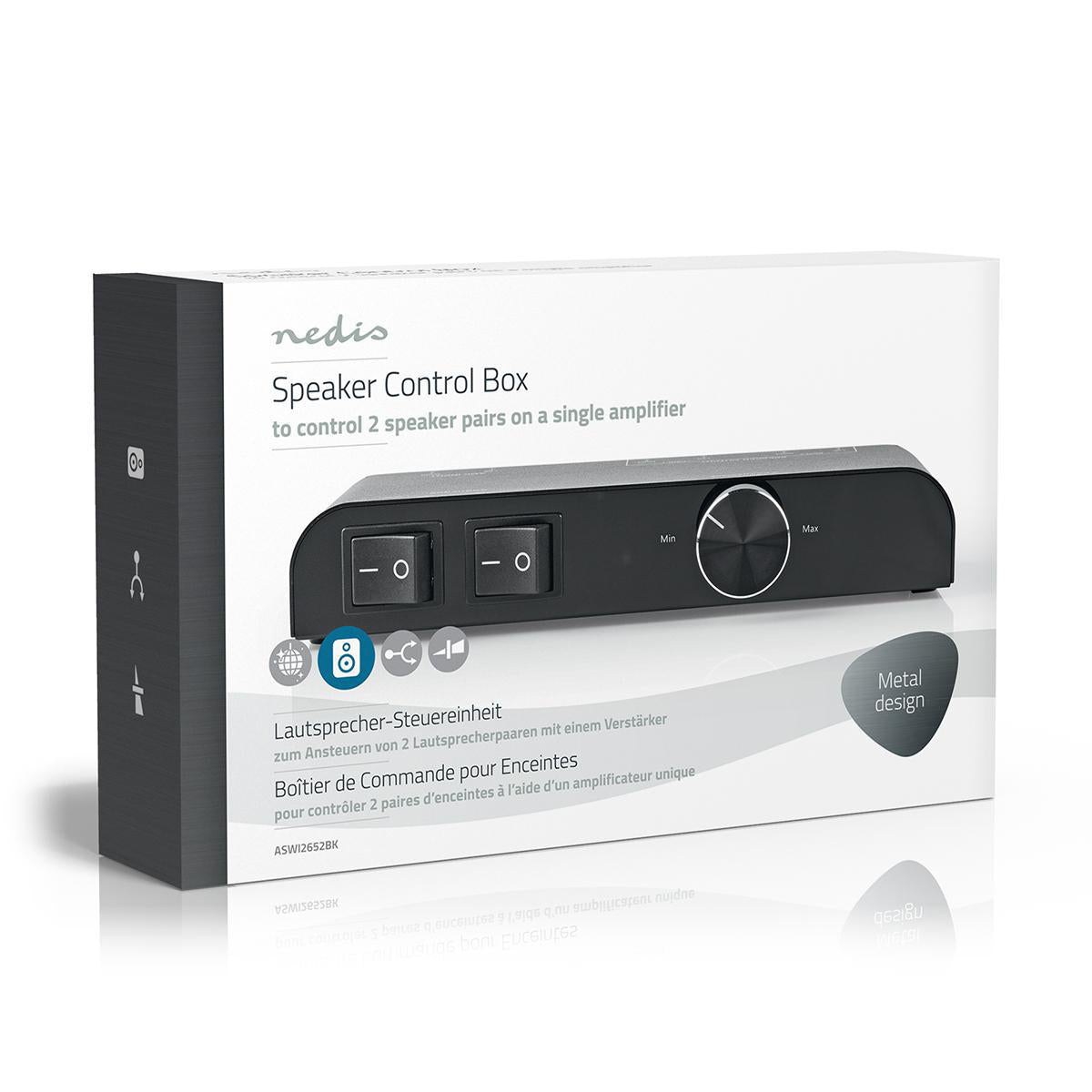 Lautsprecher Control Box | 2-Port port(s) | Banane | Lautsprecherimpedanz: 4-16 Ohm | Maximale Belastung pro Kanal: 60 W | Lautstärke-Regler | Aluminium | Schwarz