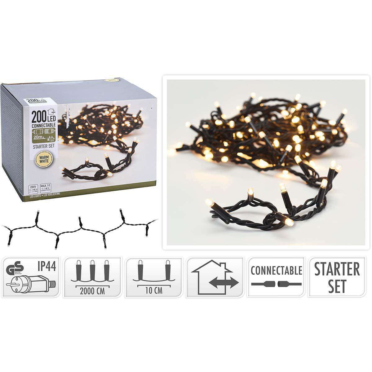 Anschließbare Weihnachtsbeleuchtung | Starter-Set | 200 LEDs | Warmweiß | 230 V