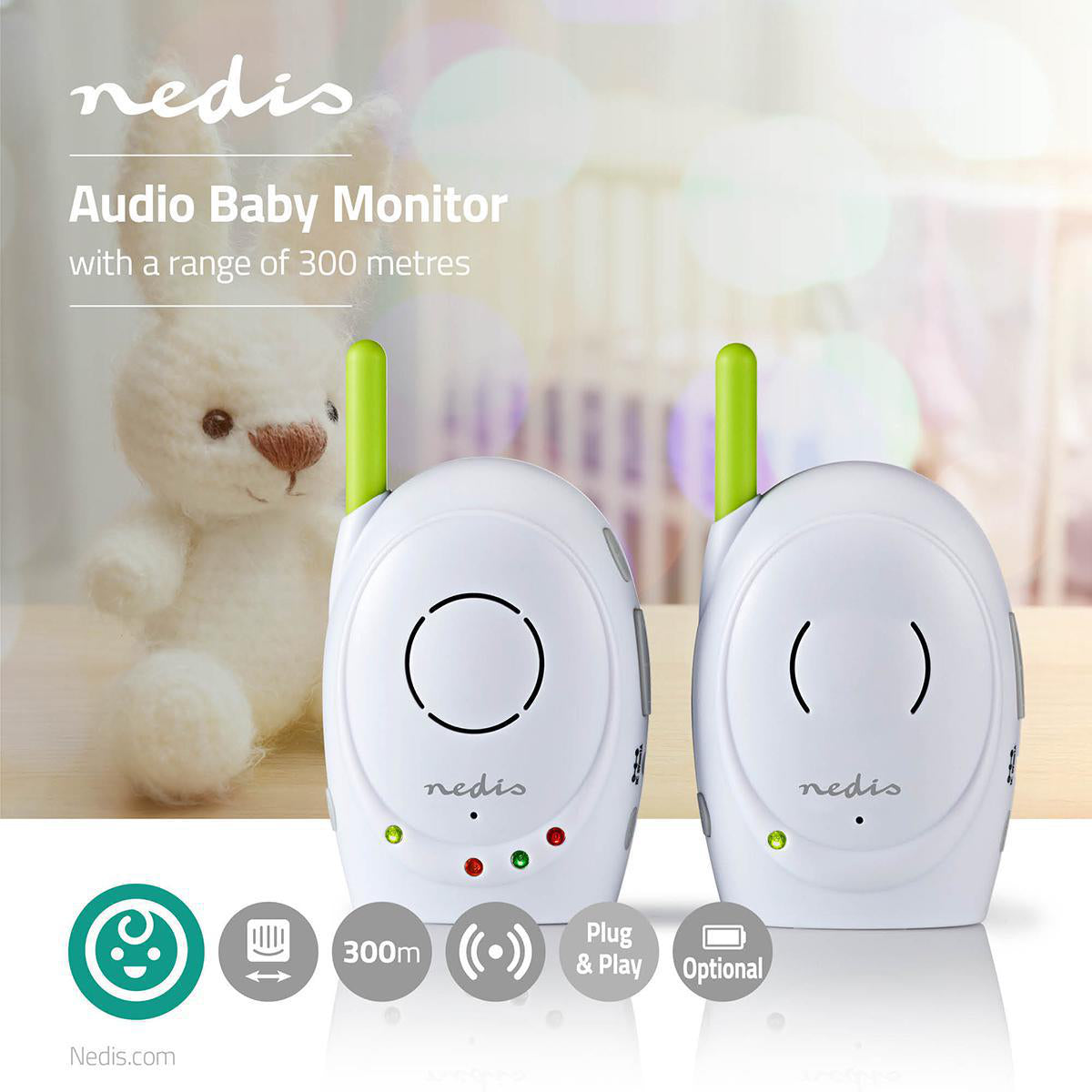 Audio-Baby-Monitor | FHSS (Frequency-Hopping Spread Spectrum) | Mit Rückruffunktion | Reichweite: 300 m | Batteriebetrieben / Netzstromversorgung | Grün / Weiss
