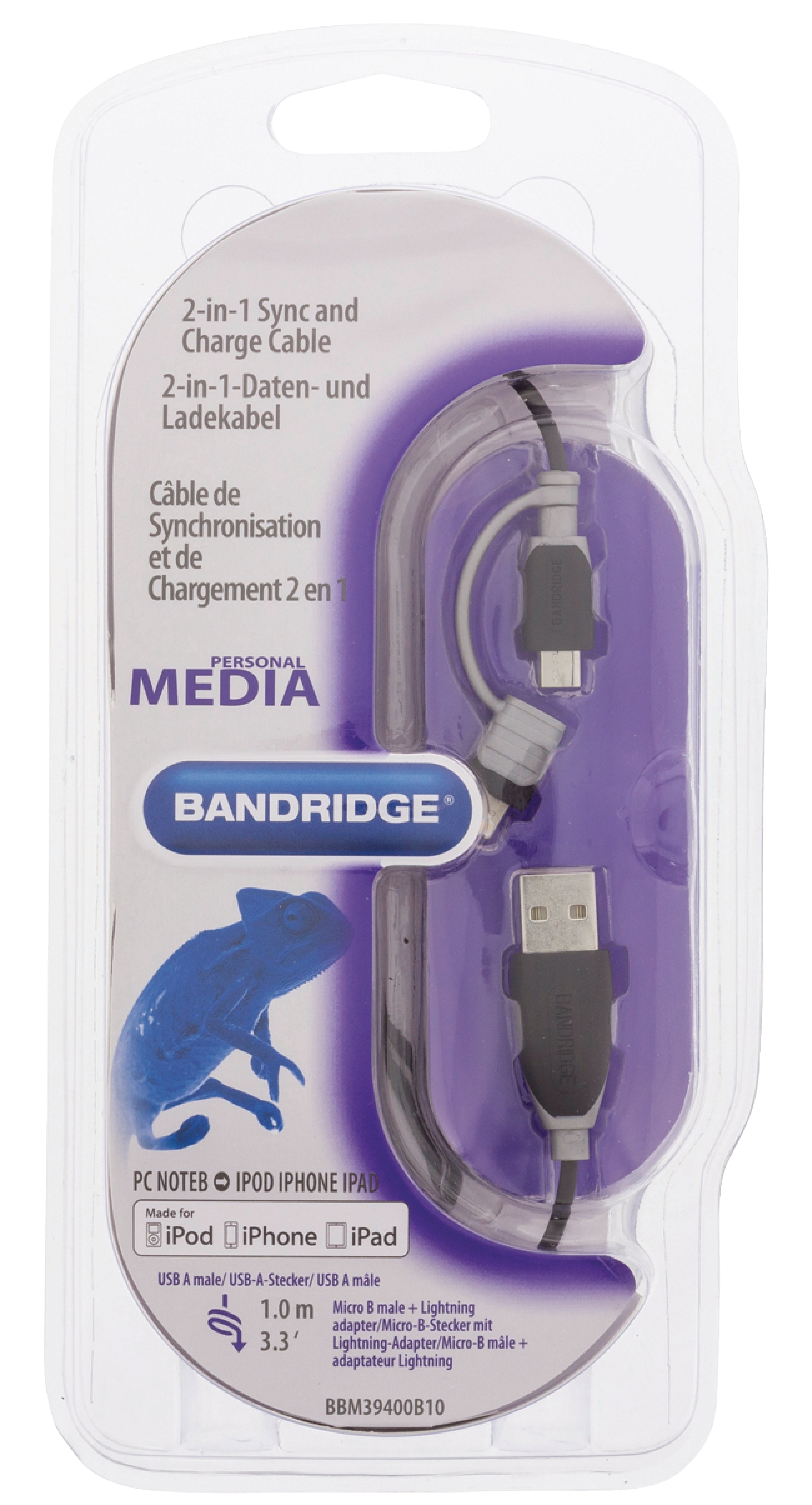 2-in-1-Sync und Ladekabel USB A male - Micro-B male 1.00 m Schwarz + Lightning-Adapter