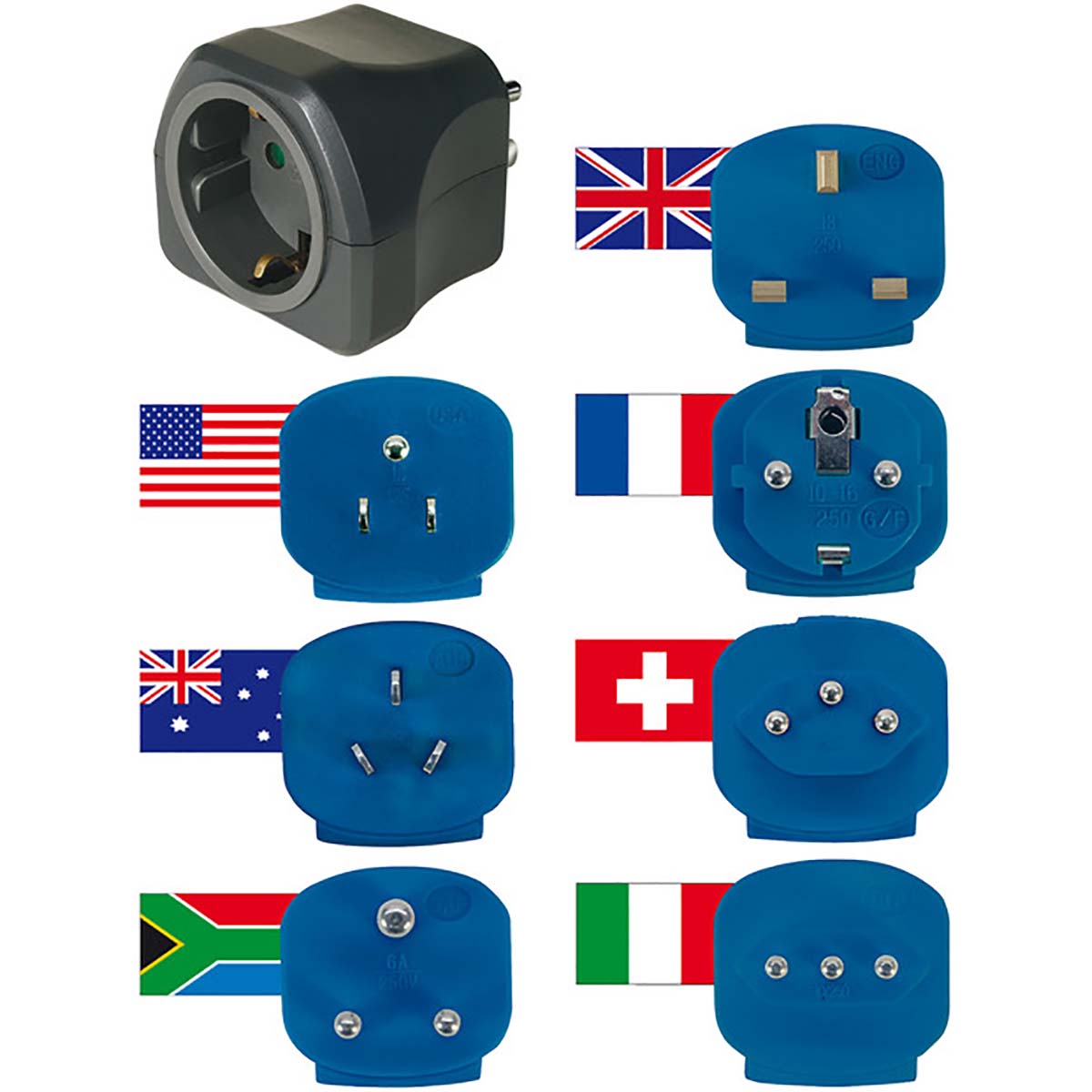 Reisestecker-Set / Reiseadapter-Set (Reise- Steckdosenadapter mit verschiedenen Aufsätzen für mehr als 150 Länder (7 x Steckereinsätze) schwarz