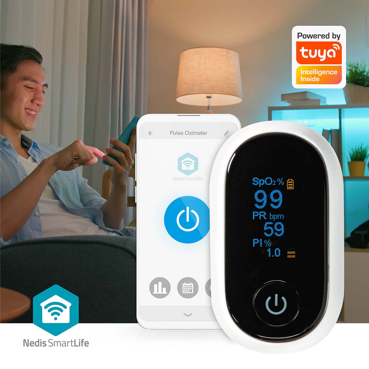 SmartLife Pulsoximeter | Bluetooth | OLED-Anzeige | Akustischer Alarm / Anti-Bewegungsstörungen / Hochpräziser Sensor / Perfusionsindex / Pulsfrequenz / Sauerstoffsättigung (SpO2) | Weiss