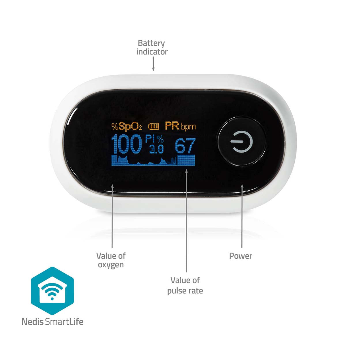 SmartLife Pulsoximeter | Bluetooth | OLED-Anzeige | Akustischer Alarm / Anti-Bewegungsstörungen / Hochpräziser Sensor / Perfusionsindex / Pulsfrequenz / Sauerstoffsättigung (SpO2) | Weiss