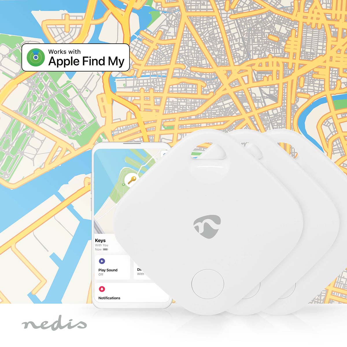 Schlüssel-Finder | Kompatibel mit: Apple Find My App | Batteriebetrieben | 3x CR2032 | Batterien enthalten | Bluetooth® version: 5.1 | Batterie Lebensdauer bis zu: 1 Jahre | Weiss | 3 Stück