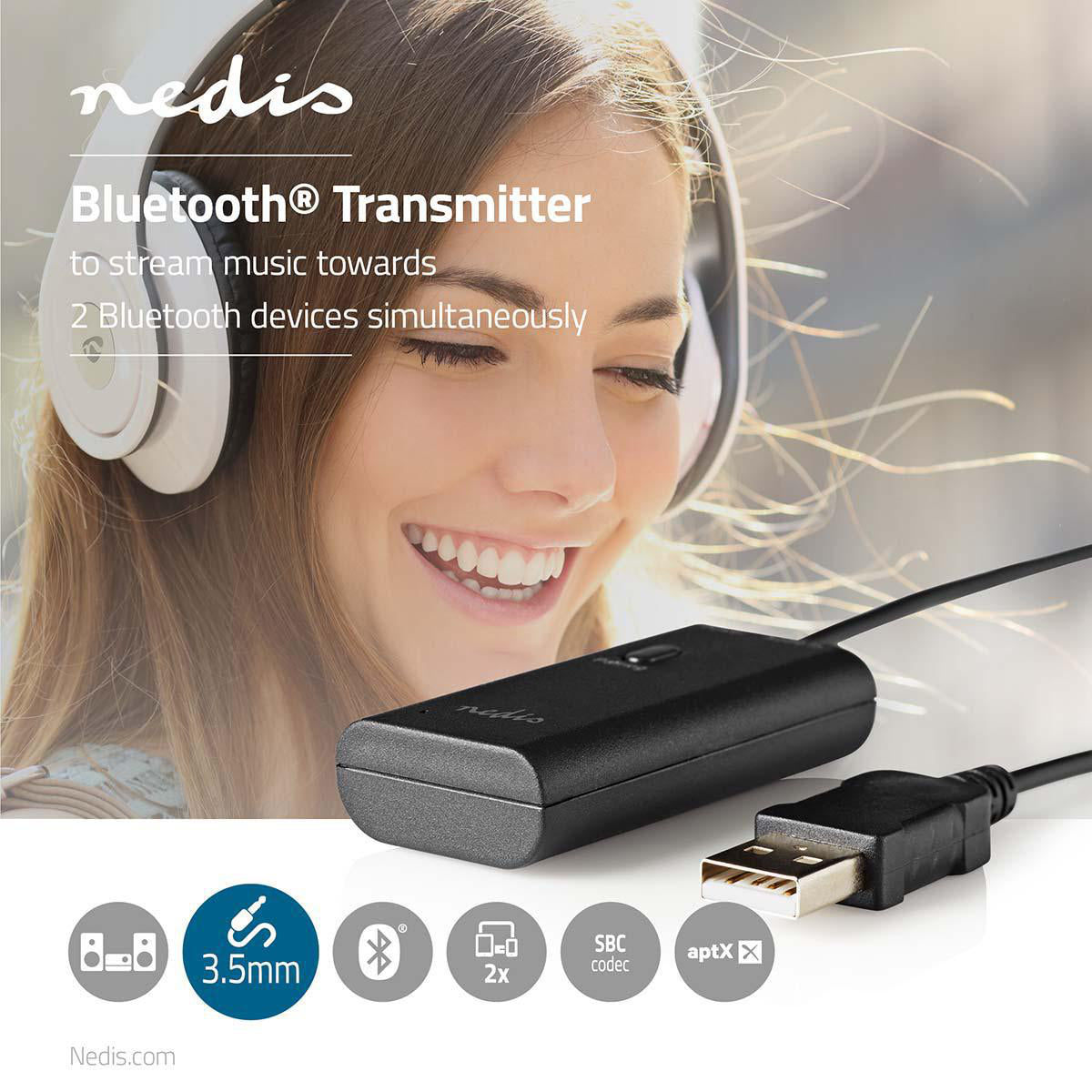 Bluetooth® Transmitter | Anschlüsse – Eingang: 1x 3.5 mm | AptX ™ Low latency / AptX™ / SBC | Bis zu 2 Geräte | Schwarz