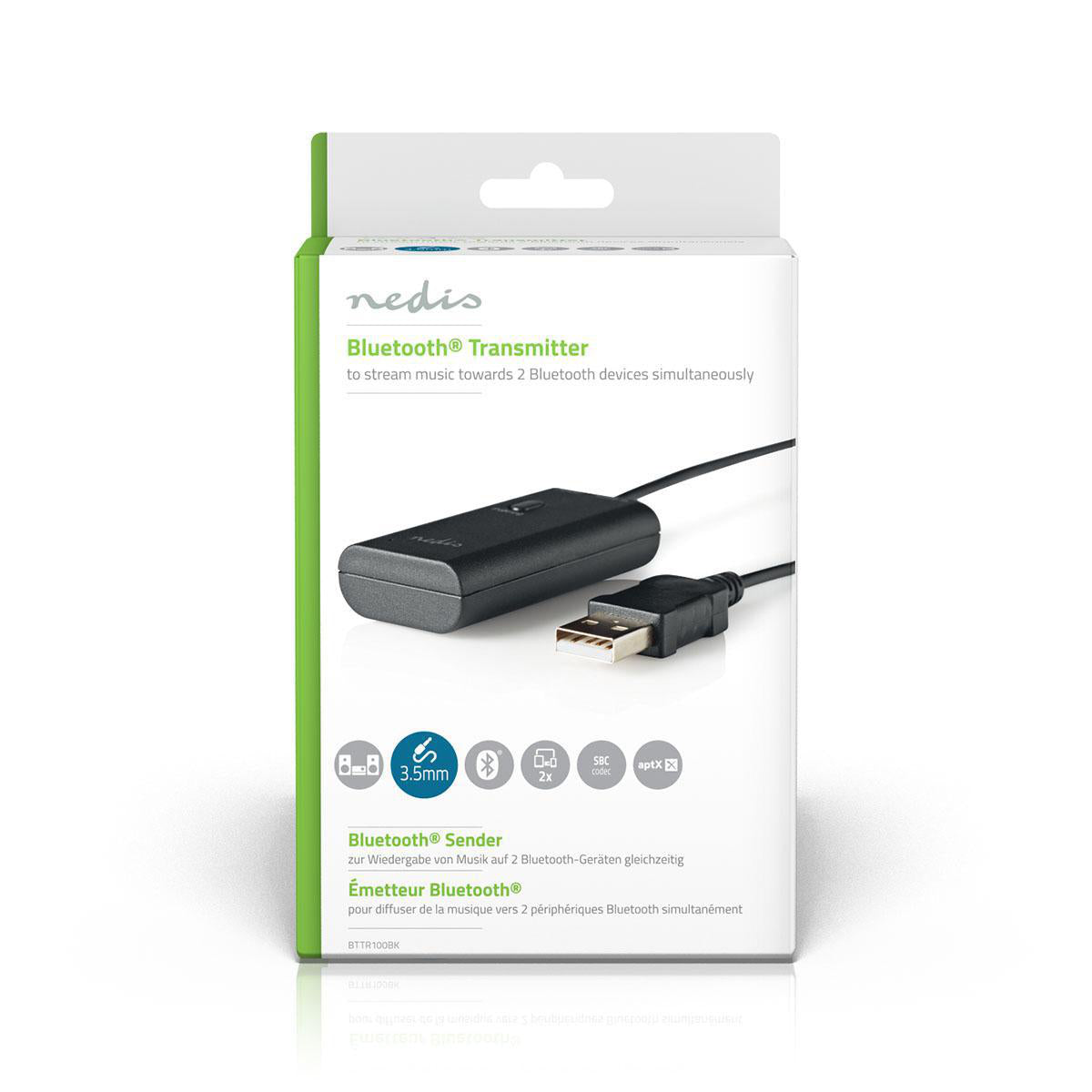 Bluetooth® Transmitter | Anschlüsse – Eingang: 1x 3.5 mm | AptX ™ Low latency / AptX™ / SBC | Bis zu 2 Geräte | Schwarz