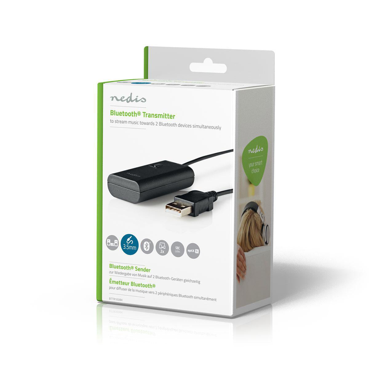 Bluetooth® Transmitter | Anschlüsse – Eingang: 1x 3.5 mm | AptX ™ Low latency / AptX™ / SBC | Bis zu 2 Geräte | Schwarz