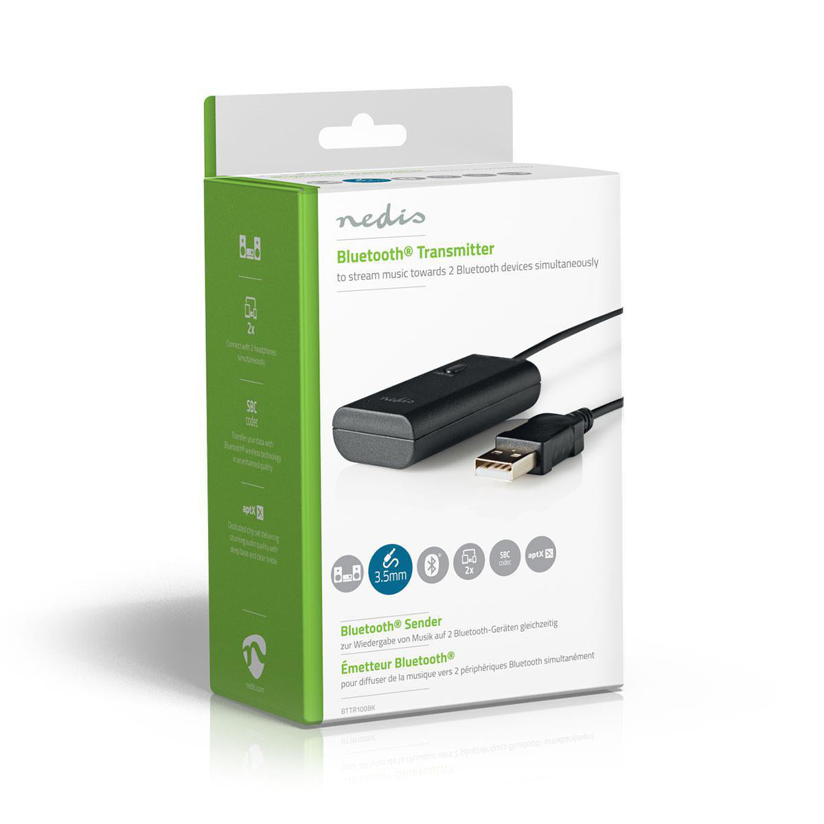 Bluetooth® Transmitter | Anschlüsse – Eingang: 1x 3.5 mm | AptX ™ Low latency / AptX™ / SBC | Bis zu 2 Geräte | Schwarz