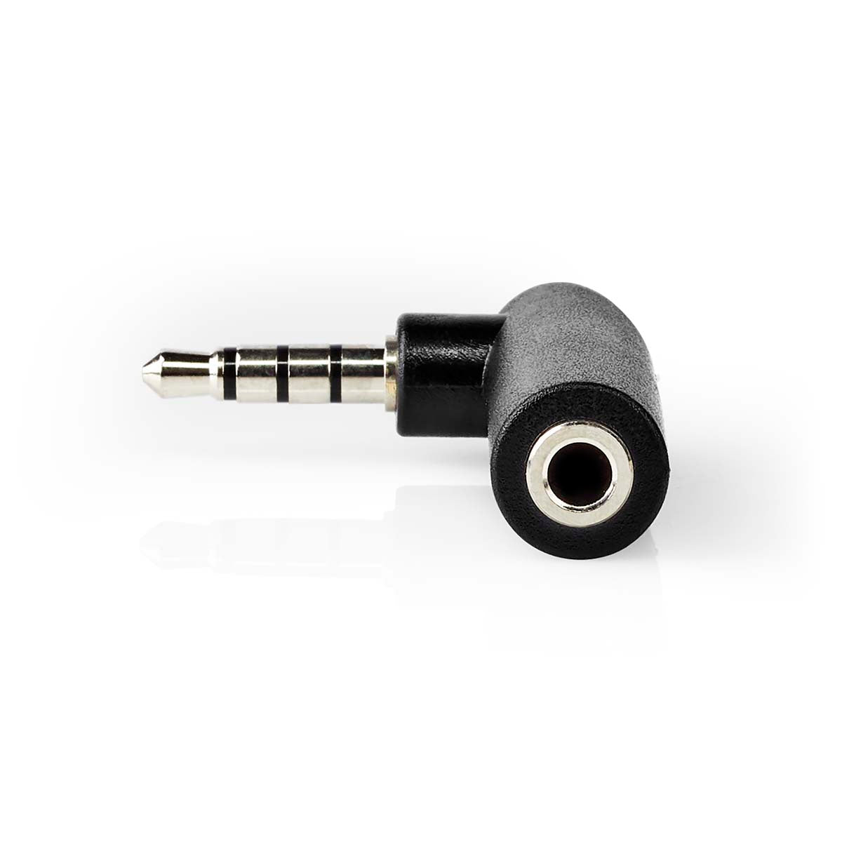 Stereo-Audio-Adapter | 3.5 mm Stecker | 3.5 mm Buchse | Vernickelt | 90° abgewinkelt | Metall | Schwarz | 1 Stück | Box