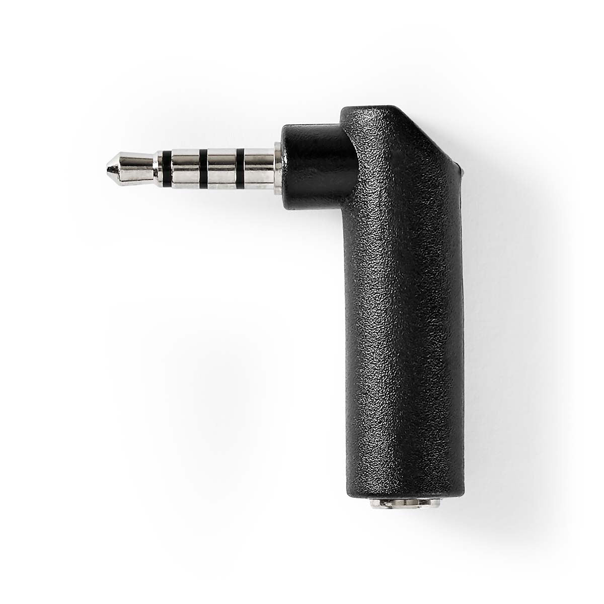 Stereo-Audio-Adapter | 3.5 mm Stecker | 3.5 mm Buchse | Vernickelt | 90° abgewinkelt | Metall | Schwarz | 1 Stück | Box