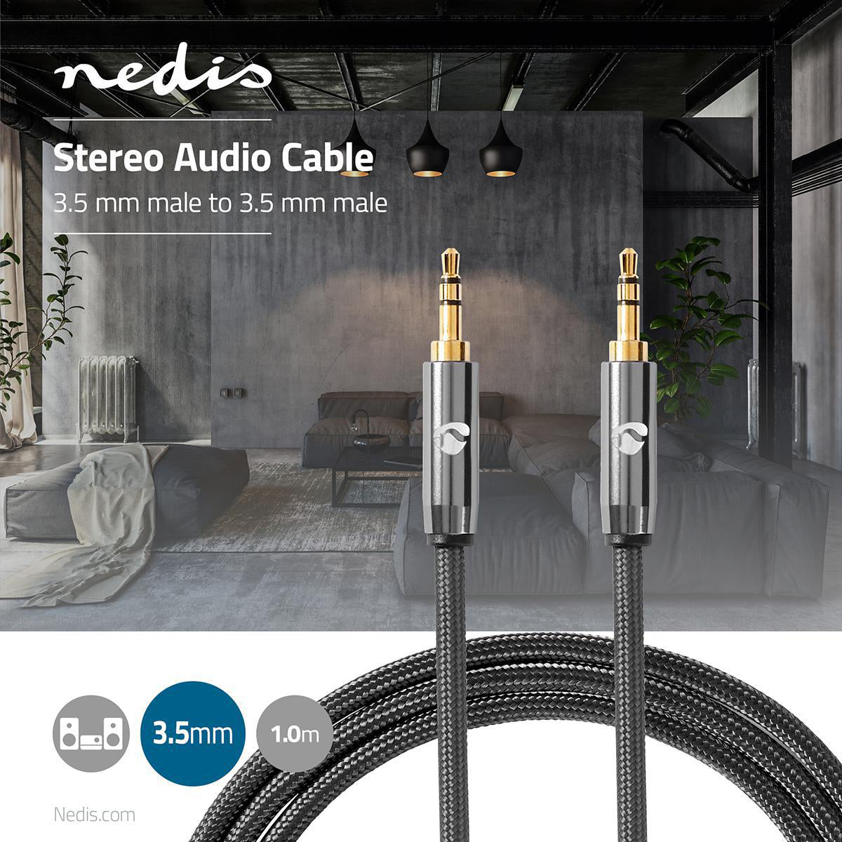 Stereo-Audiokabel | 3.5 mm Stecker | 3.5 mm Stecker | Vergoldet | 1.00 m | Rund | Anthrazit / Gun Metal Grau | Verpackung mit Sichtfenster