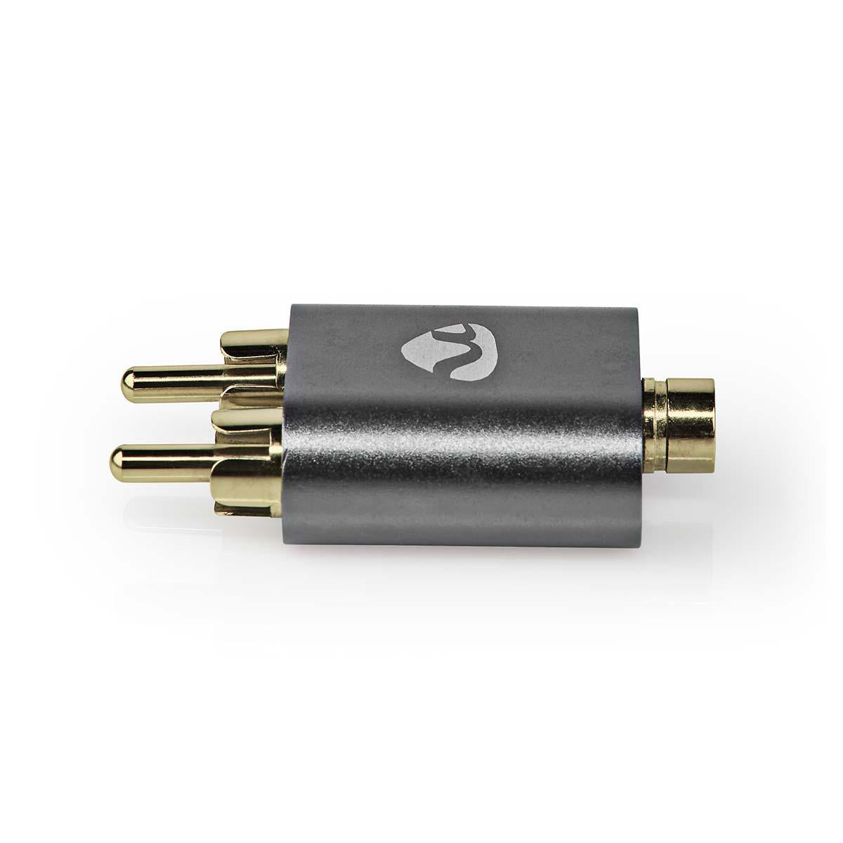 Stereo-Audio-Adapter | 2x RCA Stecker | 3.5 mm Buchse | Vergoldet | Gerade | Aluminium | Gun Metal Grau | 1 Stück | Verpackung mit Sichtfenster