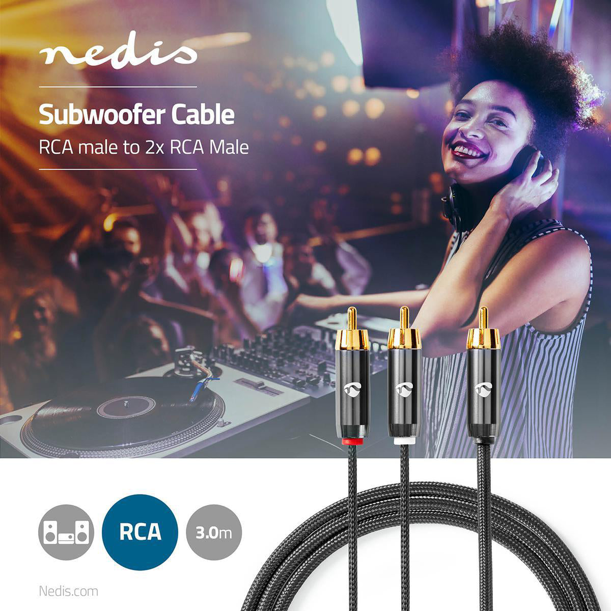 Subwoofer Kabel | RCA | 2x RCA Stecker | Vergoldet | 3.00 m | Rund | 4.5 mm | Grau / Gun Metal Grau | Verpackung mit Sichtfenster