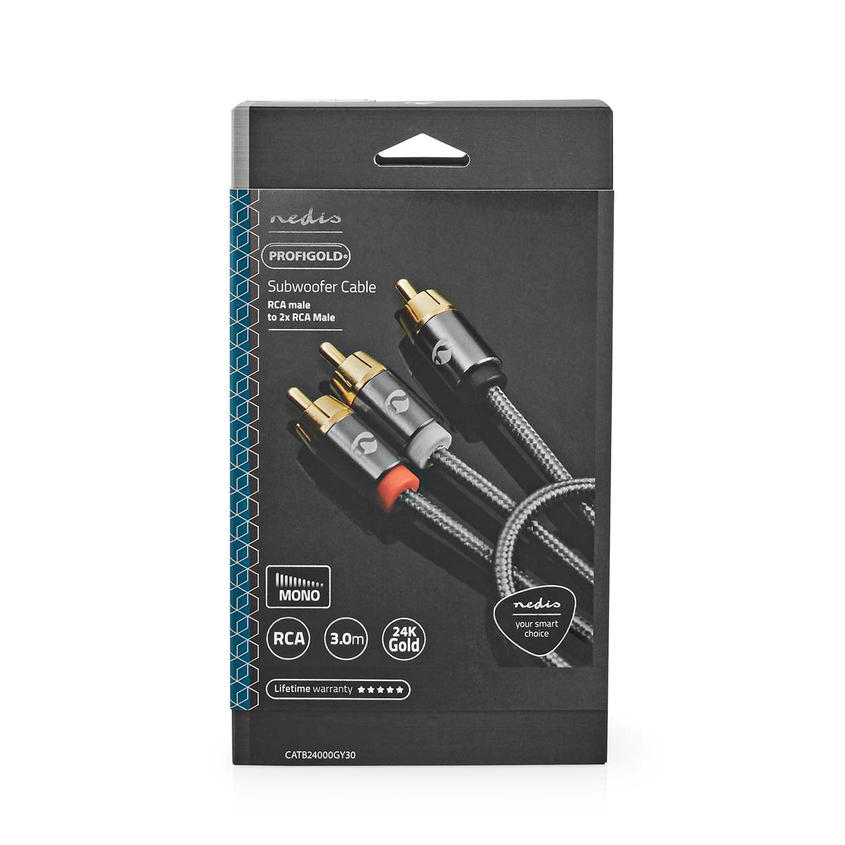 Subwoofer Kabel | RCA | 2x RCA Stecker | Vergoldet | 3.00 m | Rund | 4.5 mm | Grau / Gun Metal Grau | Verpackung mit Sichtfenster