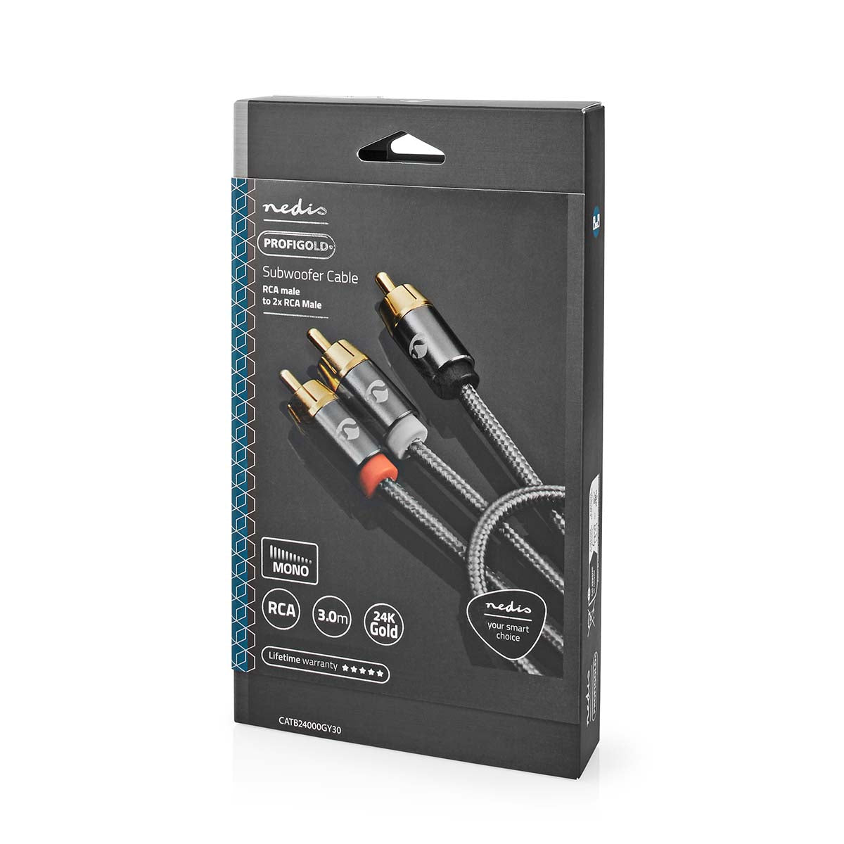 Subwoofer Kabel | RCA | 2x RCA Stecker | Vergoldet | 3.00 m | Rund | 4.5 mm | Grau / Gun Metal Grau | Verpackung mit Sichtfenster