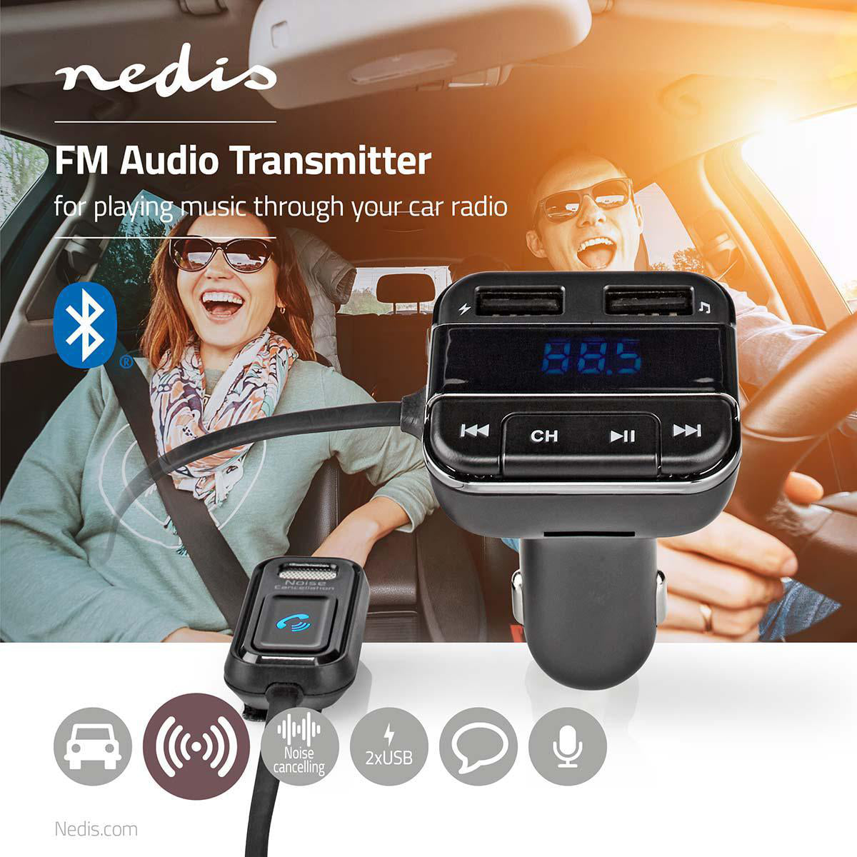 Kfz Audio FM Transmitter | Fest | freisprechend | 0.8 " | LED Bildschirm | Bluetooth® | 5.0 V DC / 1.0 A / 5.0 V DC / 2.4 A | Google Assistant / Siri | Grau / Schwarz