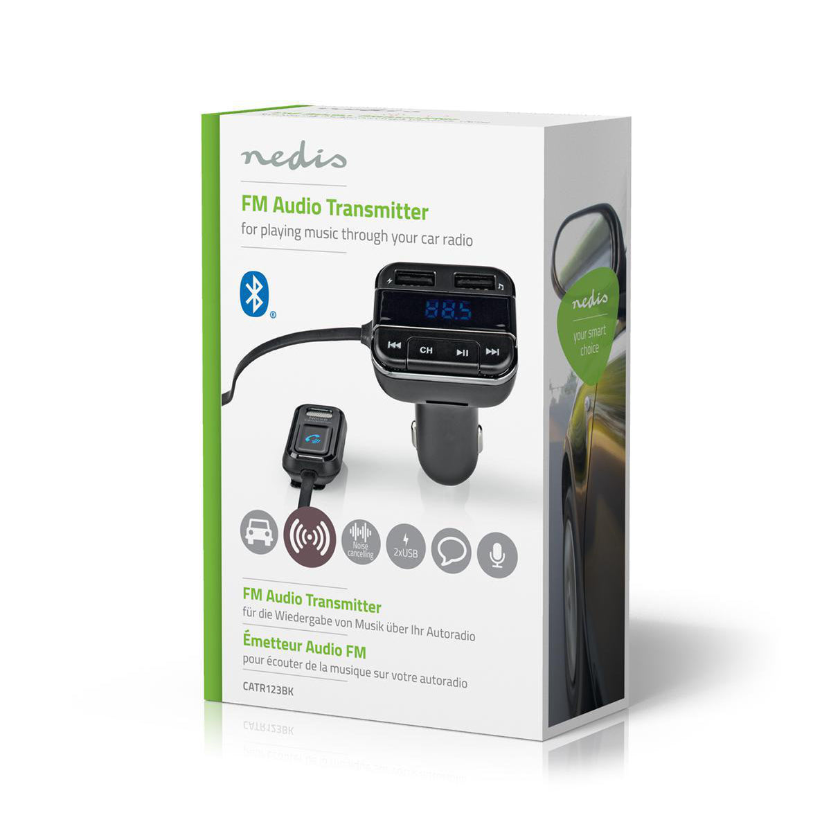 Kfz Audio FM Transmitter | Fest | freisprechend | 0.8 " | LED Bildschirm | Bluetooth® | 5.0 V DC / 1.0 A / 5.0 V DC / 2.4 A | Google Assistant / Siri | Grau / Schwarz