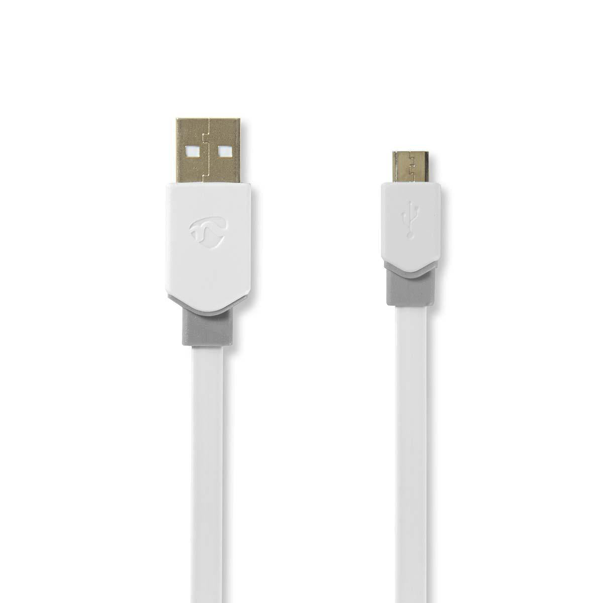 USB-Kabel | USB 2.0 | USB-A Stecker | USB Micro-B Stecker | 480 Mbps | Vergoldet | 1.00 m | Flach | PVC | Weiss | Plastikbeutel