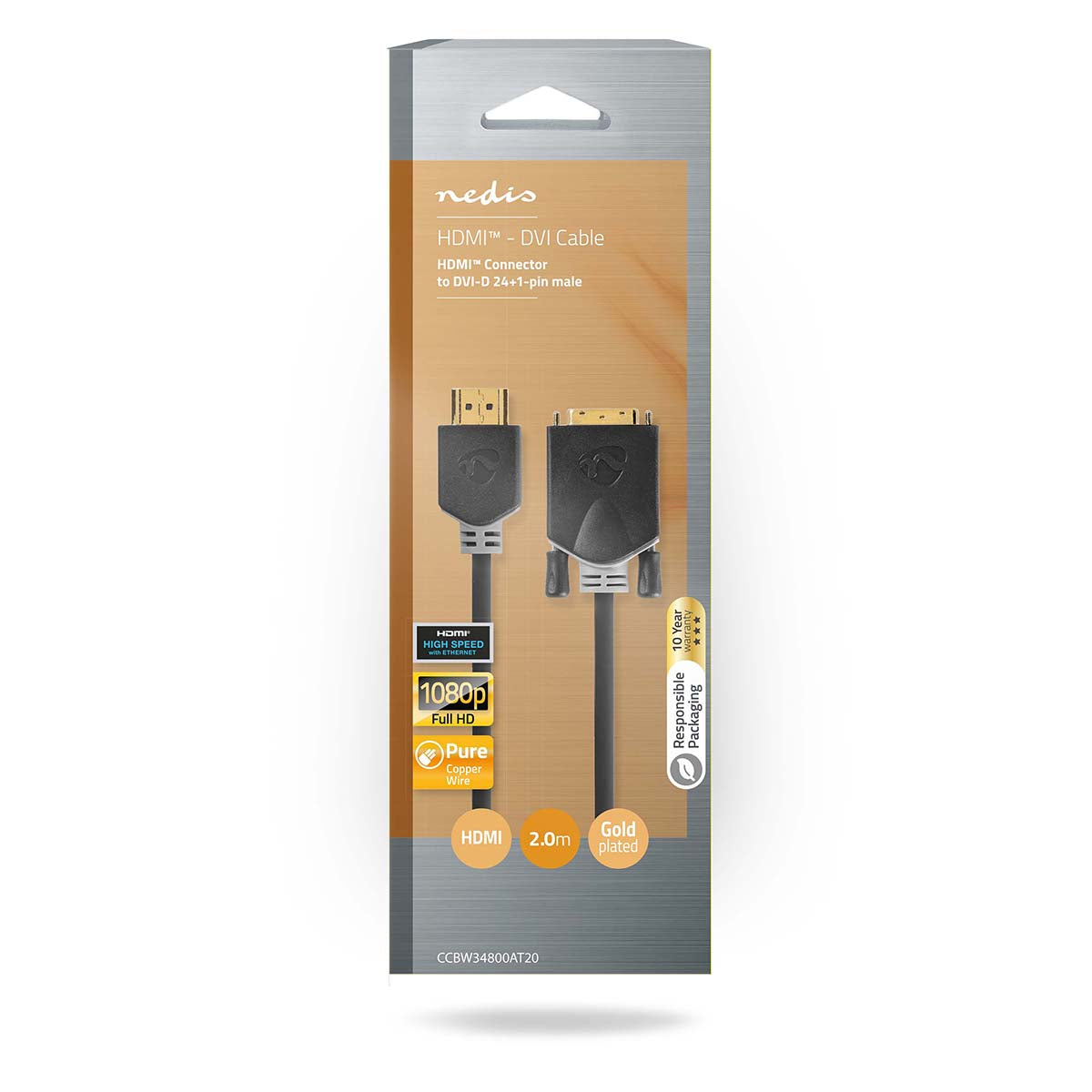 HDMI™ -Kabel | HDMI™ Stecker | DVI-D 24+1-Pin Stecker | 1080p | Vergoldet | 2.00 m | Gerade | PVC | Anthrazit | Verpackung mit Sichtfenster und Eurolochung