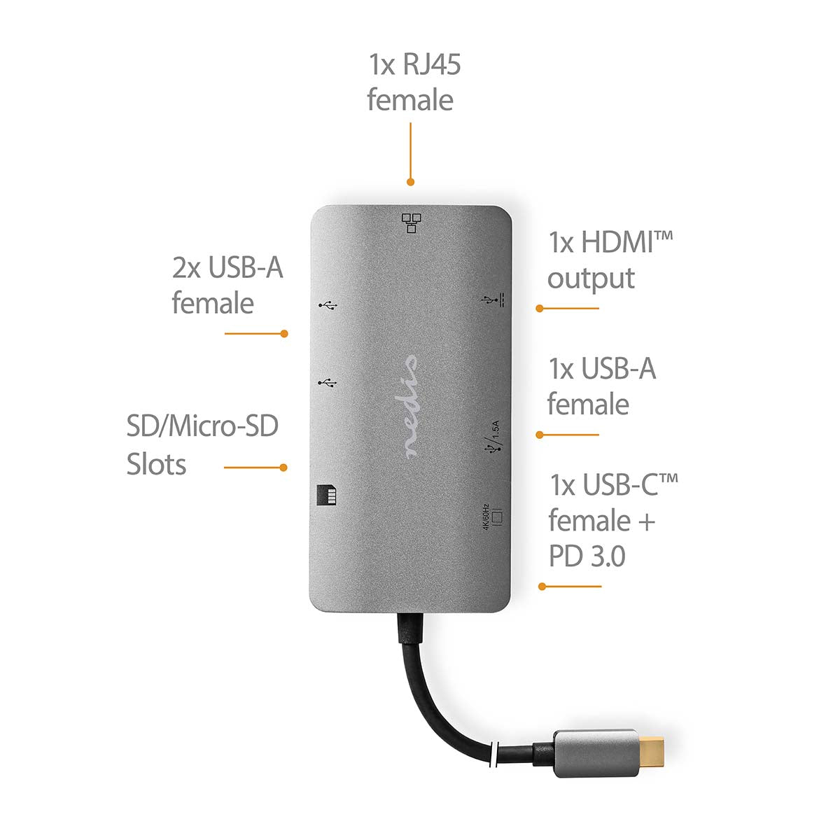 USB Multi-Port-Adapter | USB 3.2 Gen 1 | USB-C™ Stecker | HDMI™ Ausgang / Micro SD / RJ45 Buchse / SD / USB-C™ Buchse / 3x USB-A Buchse | 5 Gbps | 0.20 m | Rund | Vergoldet | PVC | Anthrazit | Box