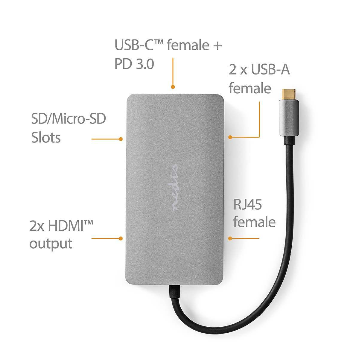 USB Multi-Port-Adapter | USB 3.2 Gen 1 | USB-C™ Stecker | Micro SD / RJ45 Buchse / SD / USB-C™ Buchse / 2x HDMI™ / 2x USB-A Buchse | 5 Gbps | 0.20 m | Rund | Vergoldet | PVC | Anthrazit | Box