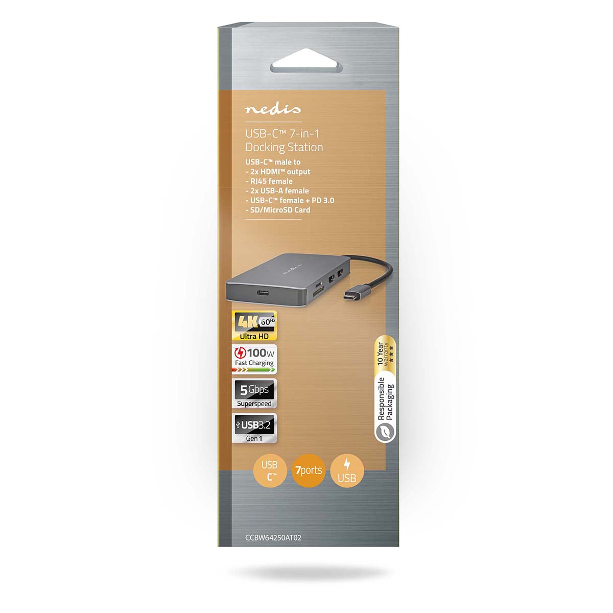 USB Multi-Port-Adapter | USB 3.2 Gen 1 | USB-C™ Stecker | Micro SD / RJ45 Buchse / SD / USB-C™ Buchse / 2x HDMI™ / 2x USB-A Buchse | 5 Gbps | 0.20 m | Rund | Vergoldet | PVC | Anthrazit | Box