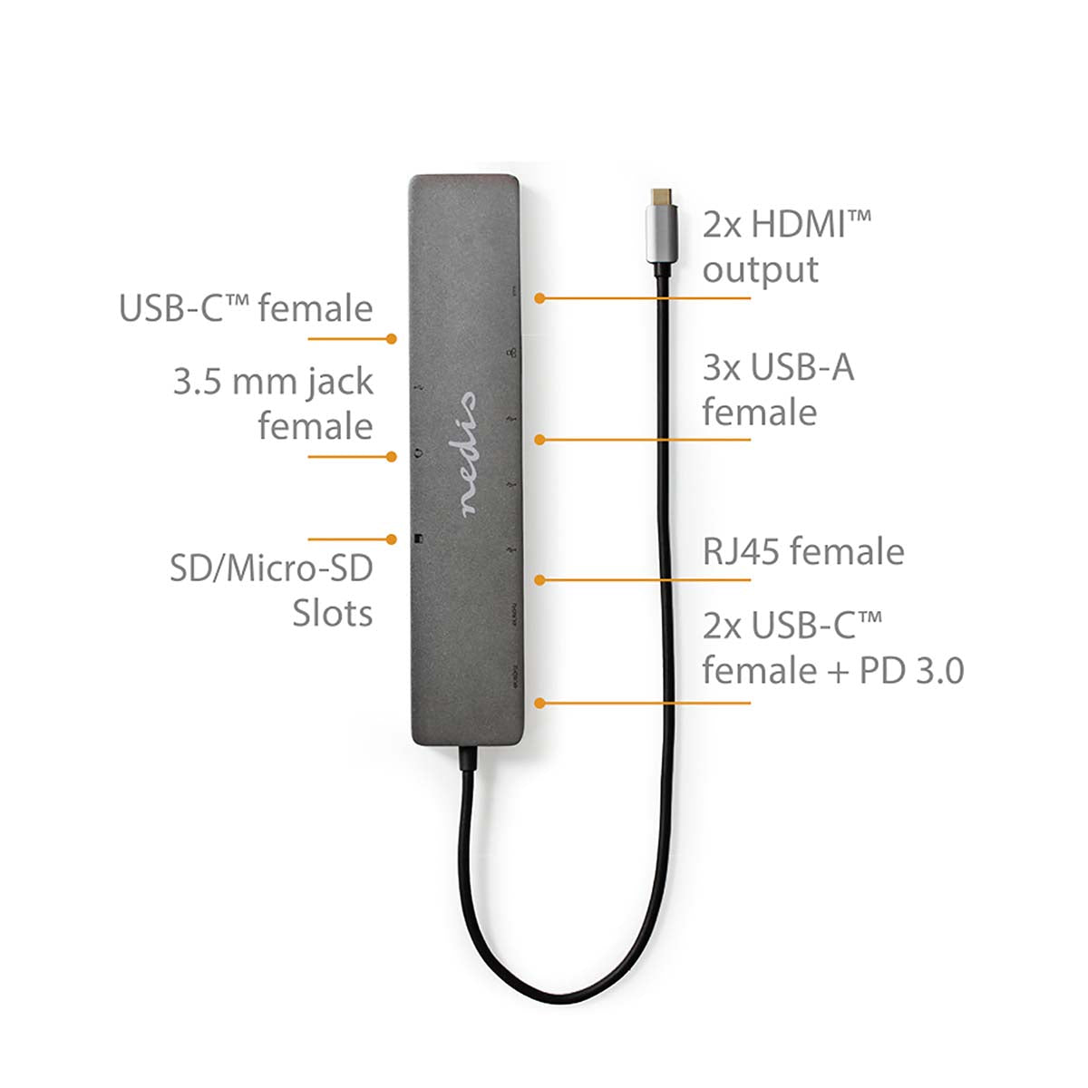 USB Multi-Port-Adapter | USB 3.2 Gen 1 | USB-C™ Stecker | Micro SD / RJ45 Buchse / SD / 2x HDMI™ / 2x USB-C™ / 3x USB-A Buchse | 0.40 m | Rund | Vergoldet | TPE | Anthrazit | Box