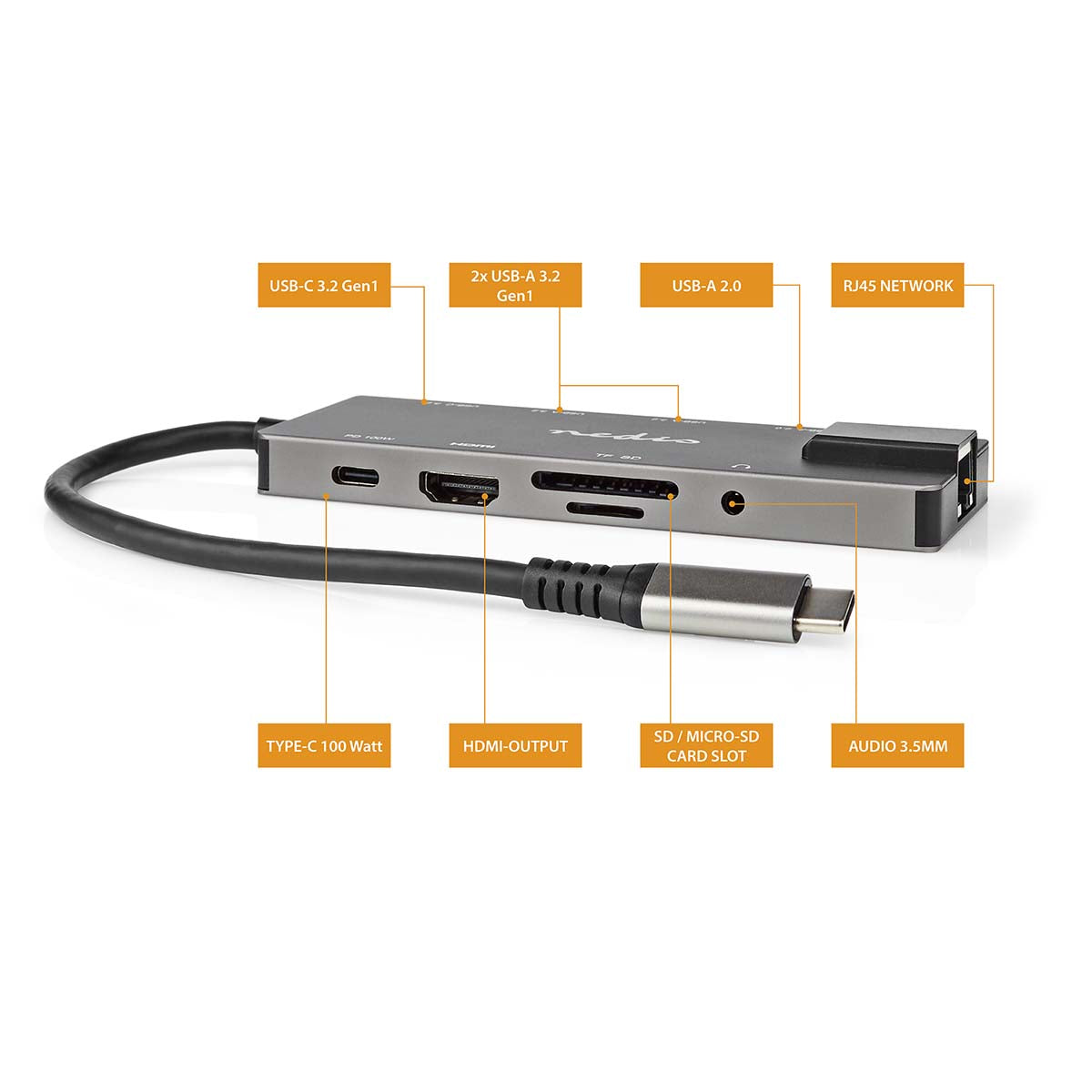 USB Multi-Port-Adapter | USB 3.2 Gen 1 | USB-C™ Stecker | HDMI™ Ausgang / RJ45 Buchse / SD / 2x USB-C™ / 3.5 mm Buchse / 3x USB-A Buchse | 5 Gbps | 0.20 m | Rund | Vergoldet | PVC | Anthrazit | Box