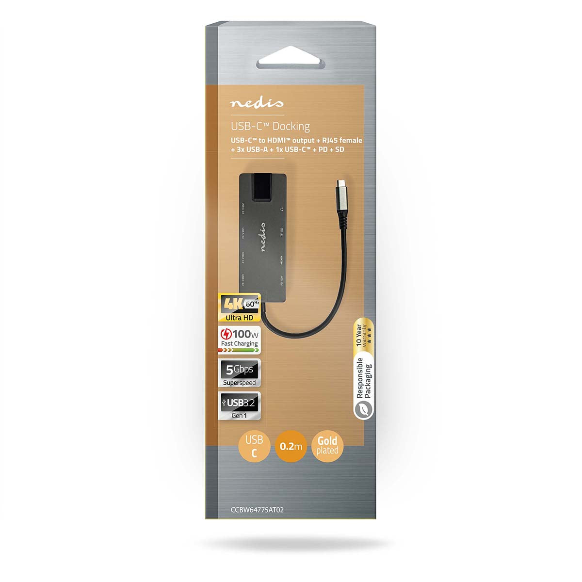 USB Multi-Port-Adapter | USB 3.2 Gen 1 | USB-C™ Stecker | HDMI™ Ausgang / RJ45 Buchse / SD / 2x USB-C™ / 3.5 mm Buchse / 3x USB-A Buchse | 5 Gbps | 0.20 m | Rund | Vergoldet | PVC | Anthrazit | Box