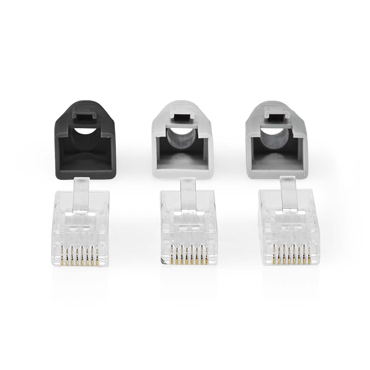 RJ45-Stecker | RJ45 Pass Through | Festes/verseiltes UTP CAT6 | Gerade | Vergoldet | 10 Stück | PVC | Grau / Schwarz / Weiss | Box