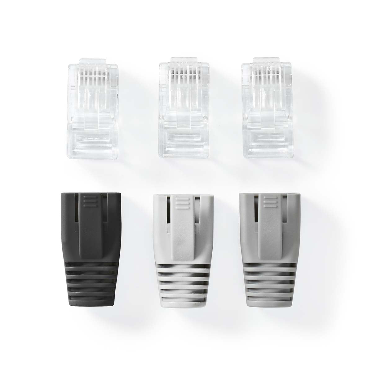 RJ45-Stecker | RJ45 Pass Through | Festes/verseiltes UTP CAT6 | Gerade | Vergoldet | 10 Stück | PVC | Grau / Schwarz / Weiss | Box