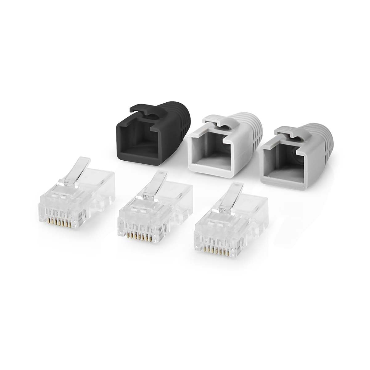 RJ45-Stecker | RJ45 Pass Through | Festes/verseiltes UTP CAT6 | Gerade | Vergoldet | 10 Stück | PVC | Grau / Schwarz / Weiss | Box