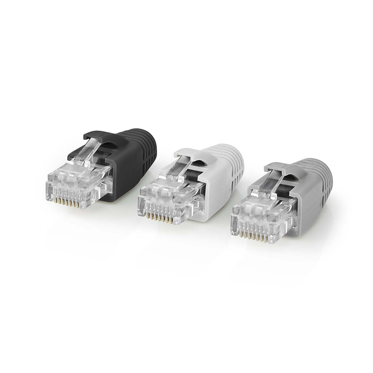 RJ45-Stecker | RJ45 Pass Through | Festes/verseiltes UTP CAT6 | Gerade | Vergoldet | 10 Stück | PVC | Grau / Schwarz / Weiss | Box