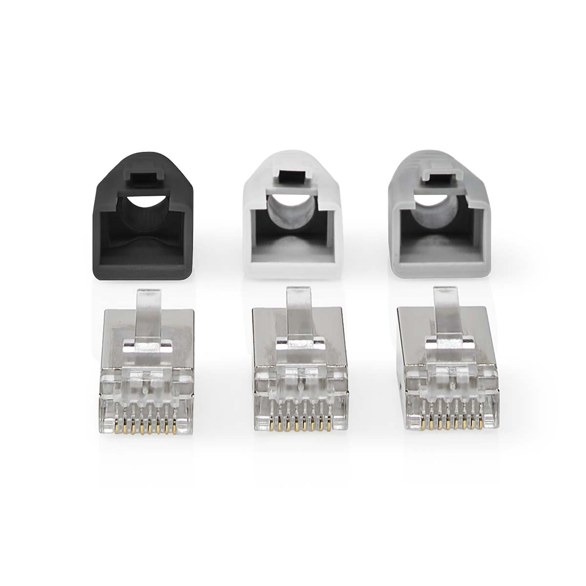 RJ45-Stecker | RJ45 Pass Through | Festes/verseiltes FTP CAT6 | Gerade | Vergoldet | 10 Stück | PVC | Grau / Schwarz / Weiss | Box