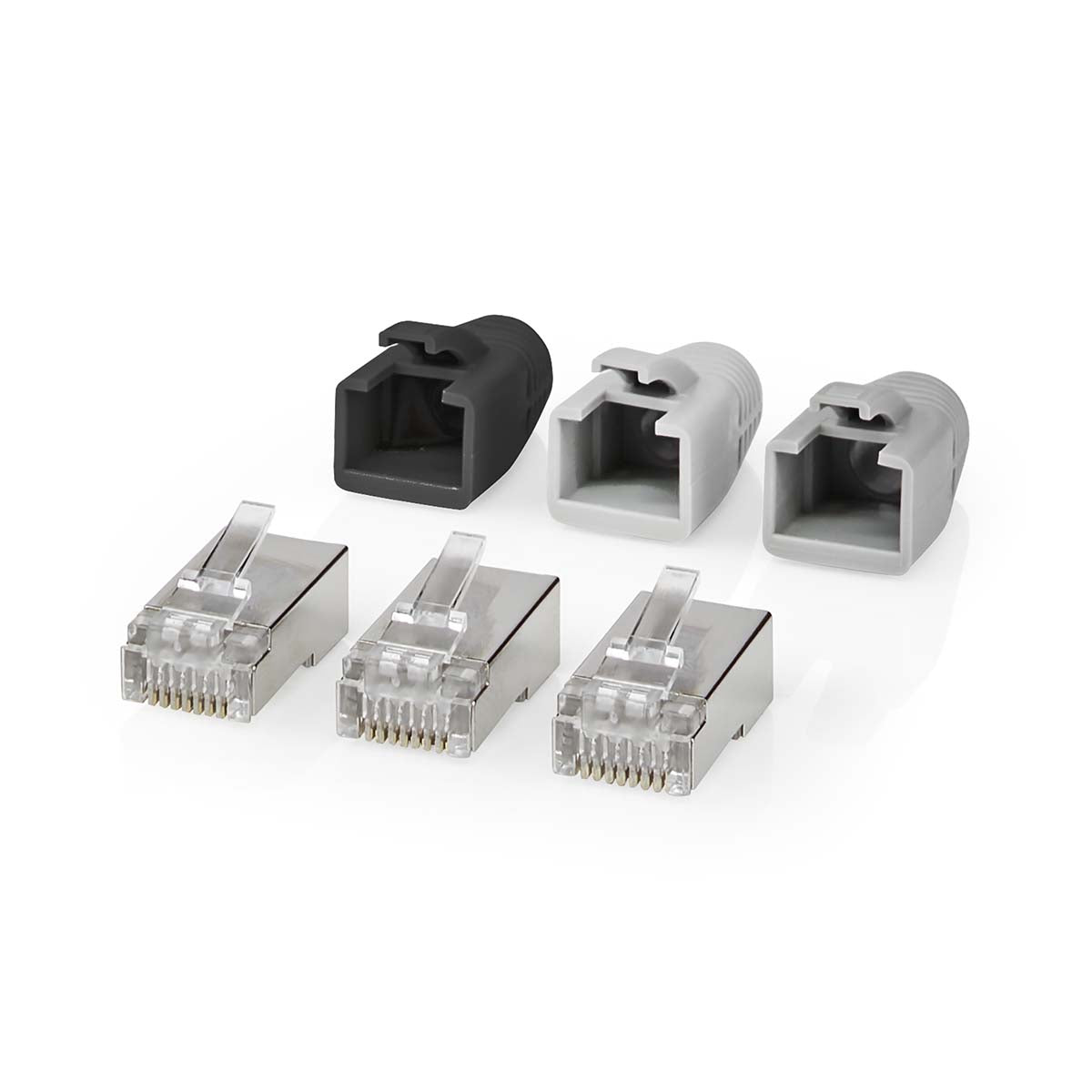 RJ45-Stecker | RJ45 Pass Through | Festes/verseiltes FTP CAT6 | Gerade | Vergoldet | 10 Stück | PVC | Grau / Schwarz / Weiss | Box