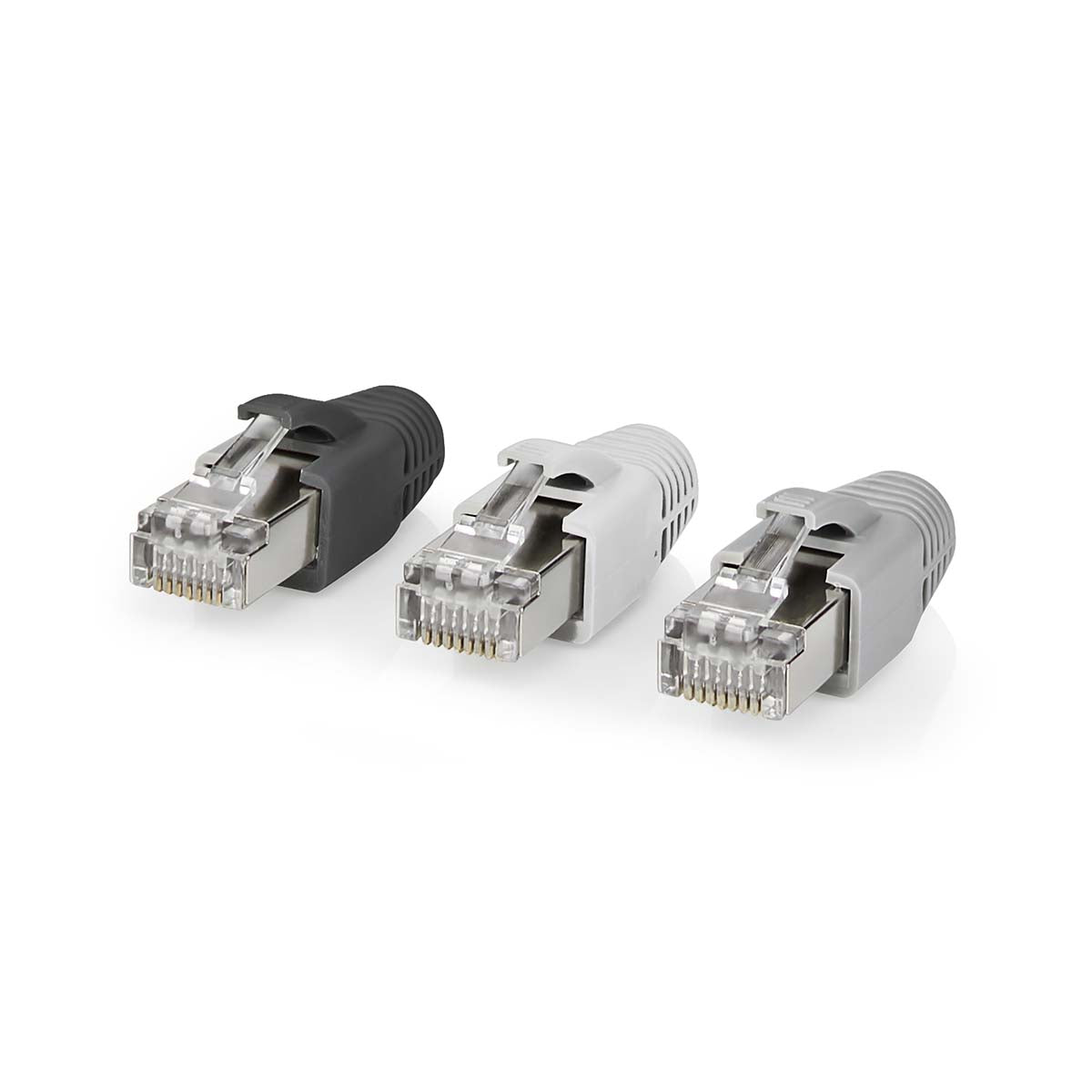 RJ45-Stecker | RJ45 Pass Through | Festes/verseiltes FTP CAT6 | Gerade | Vergoldet | 10 Stück | PVC | Grau / Schwarz / Weiss | Box