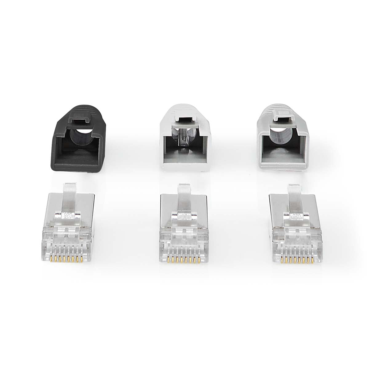 RJ45-Stecker | RJ45 Pass Through | Festes/verseiltes FTP CAT6a | Gerade | Vergoldet | 10 Stück | PVC | Grau / Schwarz / Weiss | Box