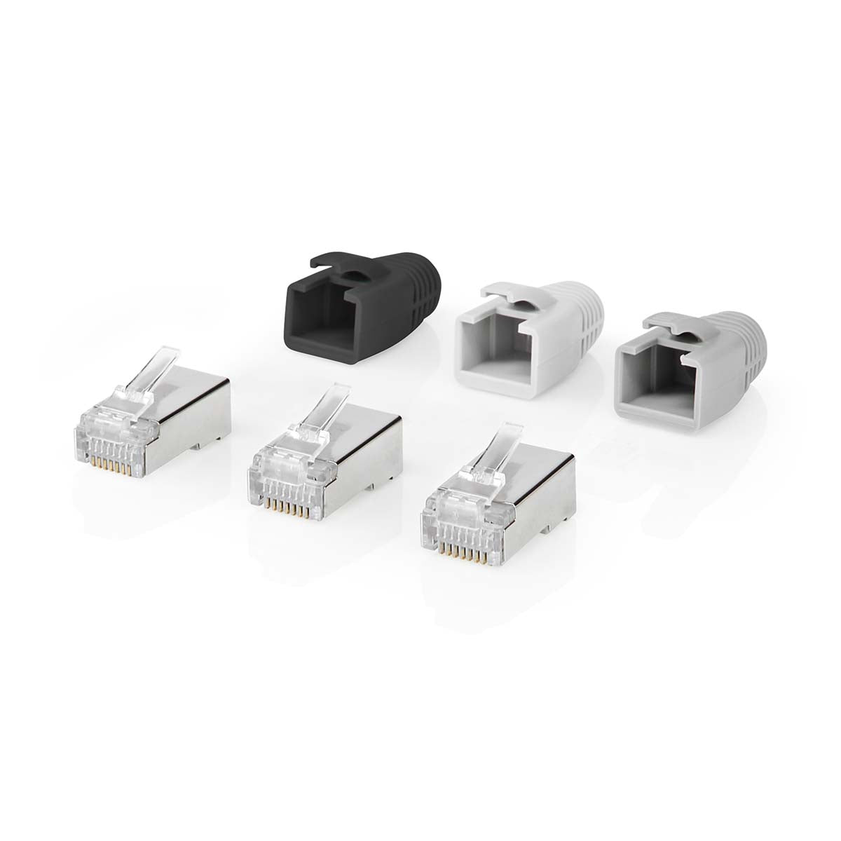 RJ45-Stecker | RJ45 Pass Through | Festes/verseiltes FTP CAT6a | Gerade | Vergoldet | 10 Stück | PVC | Grau / Schwarz / Weiss | Box