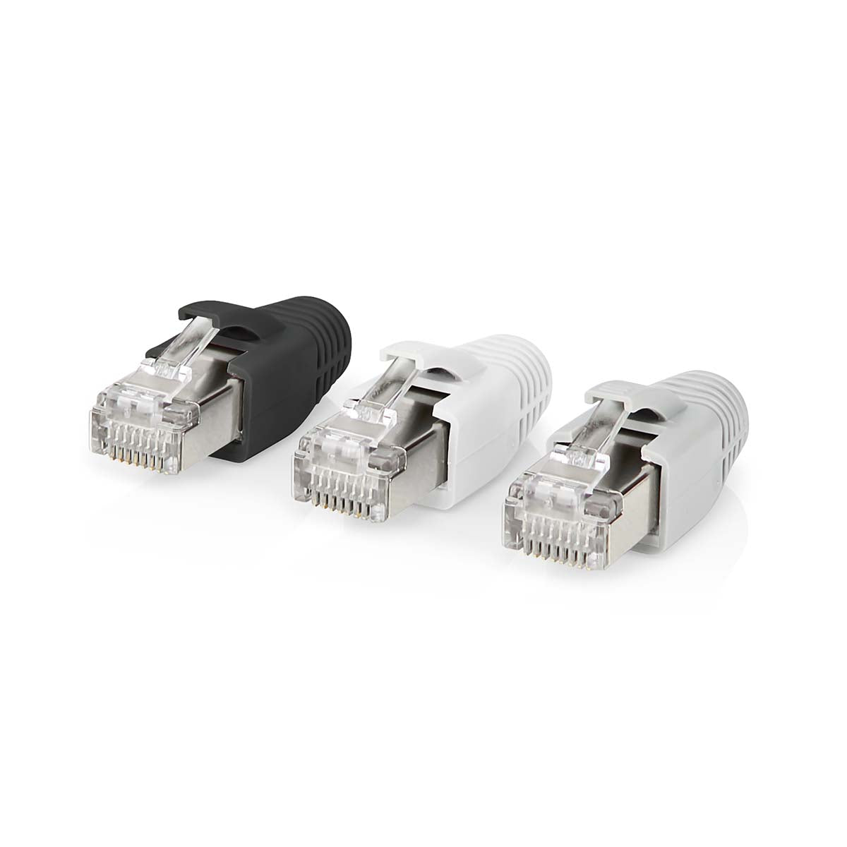 RJ45-Stecker | RJ45 Pass Through | Festes/verseiltes FTP CAT6a | Gerade | Vergoldet | 10 Stück | PVC | Grau / Schwarz / Weiss | Box