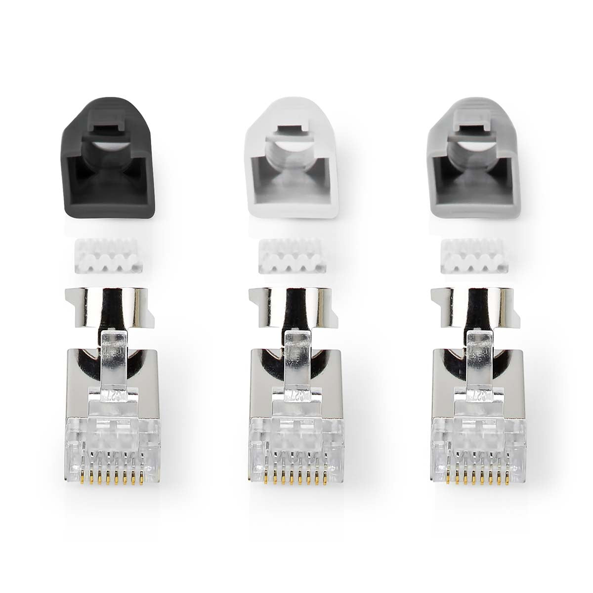 RJ45-Stecker | RJ45 Pass Through | Festes/verseiltes FTP CAT7 | Gerade | Vergoldet | 10 Stück | PVC | Grau / Schwarz / Weiss | Box