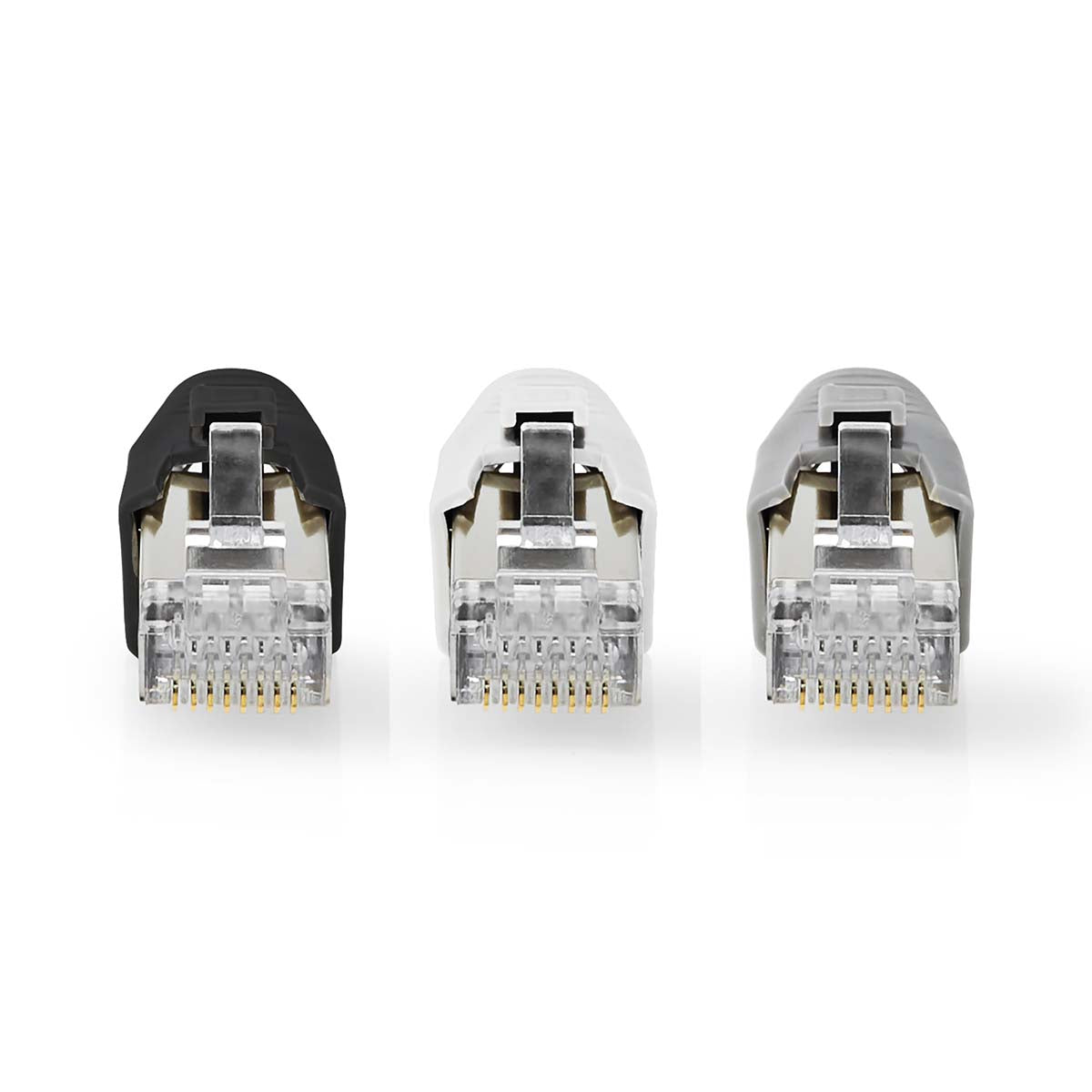 RJ45-Stecker | RJ45 Pass Through | Festes/verseiltes FTP CAT7 | Gerade | Vergoldet | 10 Stück | PVC | Grau / Schwarz / Weiss | Box