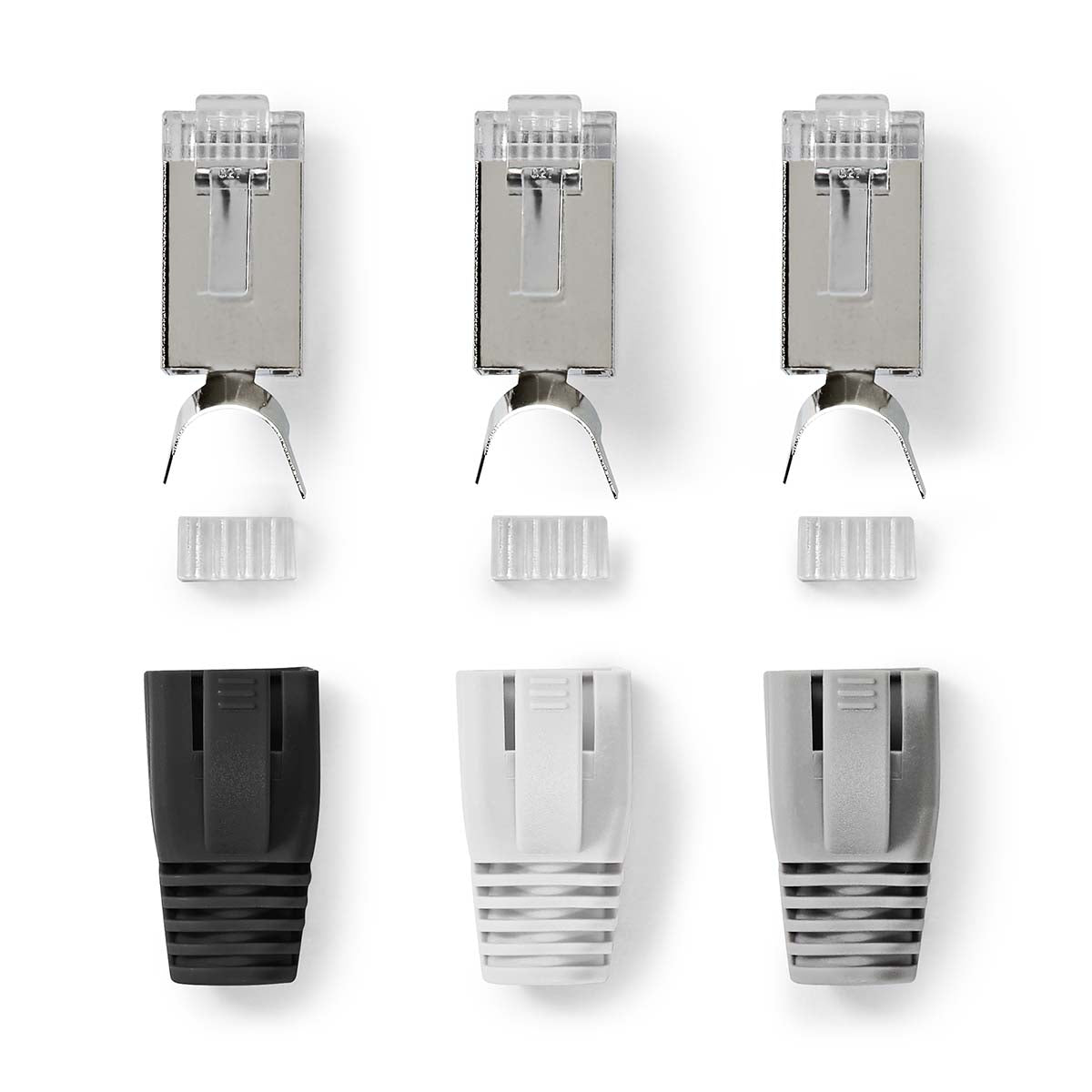 RJ45-Stecker | RJ45 Pass Through | Festes/verseiltes FTP CAT7 | Gerade | Vergoldet | 10 Stück | PVC | Grau / Schwarz / Weiss | Box