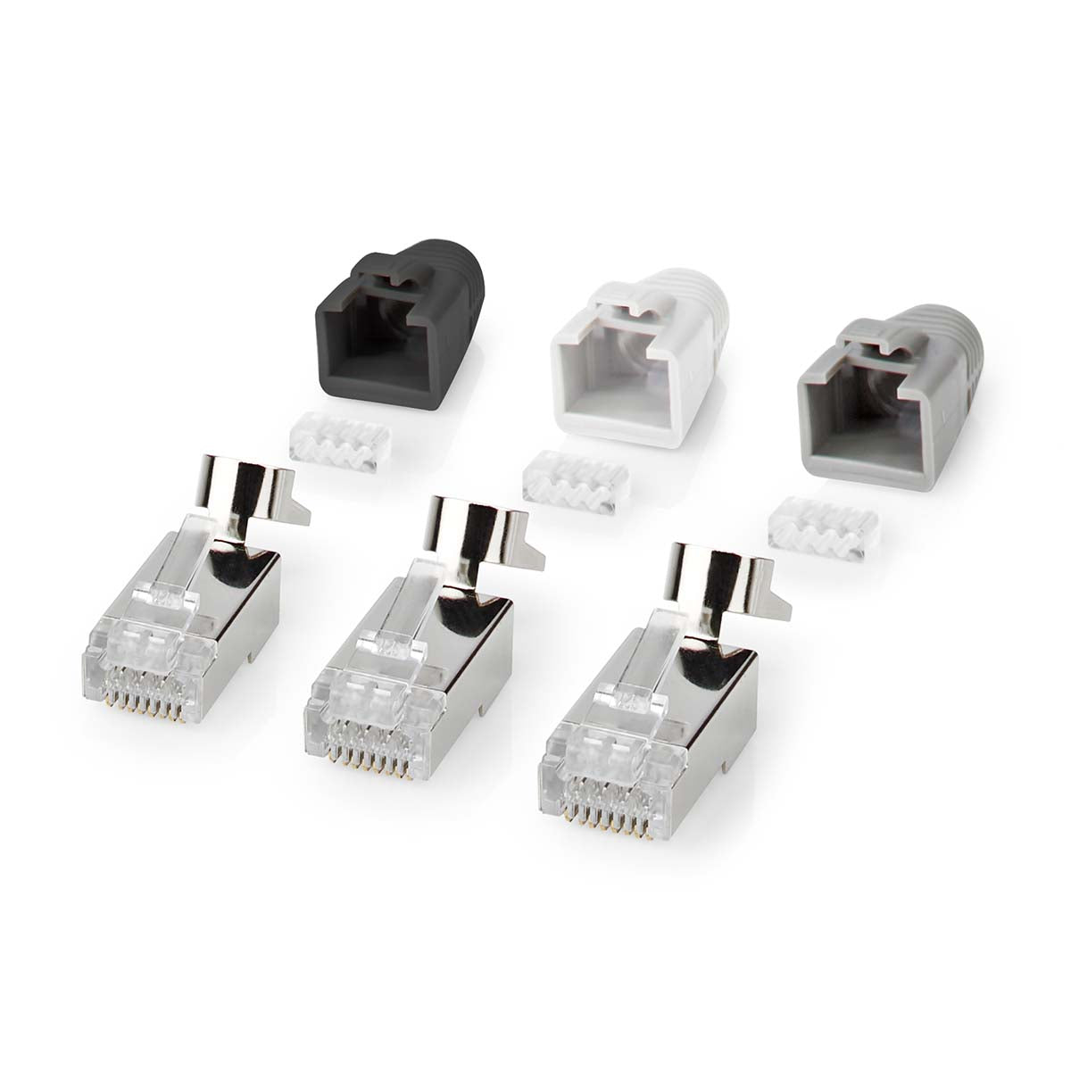 RJ45-Stecker | RJ45 Pass Through | Festes/verseiltes FTP CAT7 | Gerade | Vergoldet | 10 Stück | PVC | Grau / Schwarz / Weiss | Box