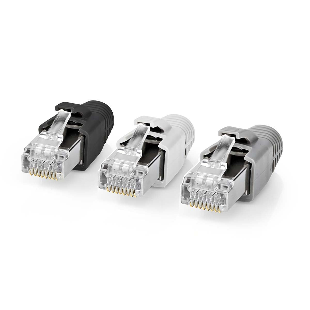 RJ45-Stecker | RJ45 Pass Through | Festes/verseiltes FTP CAT7 | Gerade | Vergoldet | 10 Stück | PVC | Grau / Schwarz / Weiss | Box