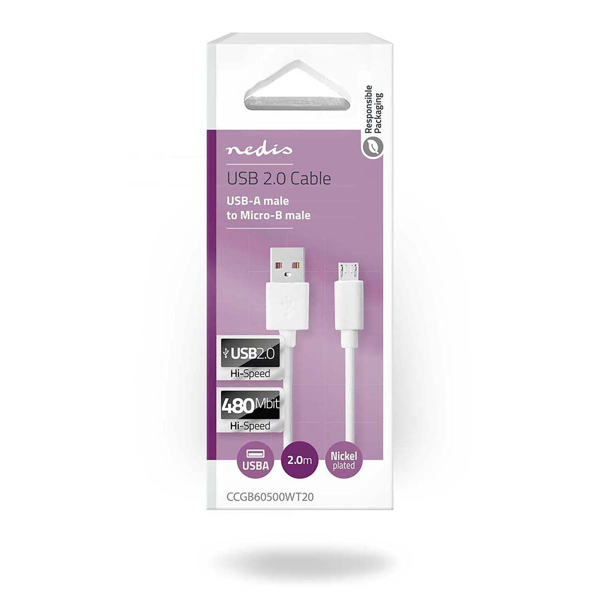 USB-Kabel | USB 2.0 | USB-A Stecker | USB Micro-B Stecker | 480 Mbps | Vernickelt | 2.00 m | Rund | PVC | Weiss | Box