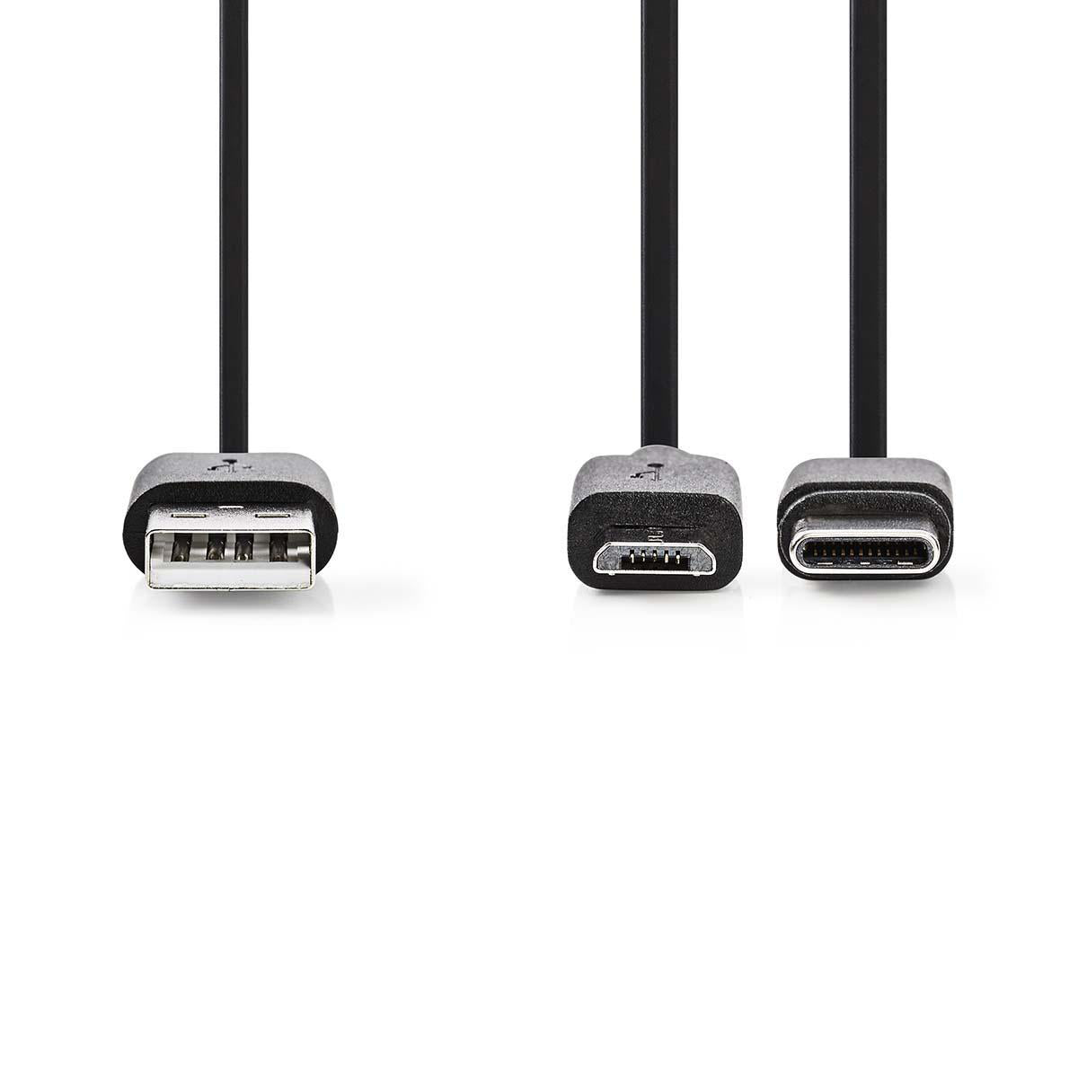 2 in 1-Kabel | USB 2.0 | USB-A Stecker | USB Micro-B Stecker / USB-C™ Stecker | 480 Mbps | 1.00 m | Vernickelt | Rund | PVC | Schwarz | Blister