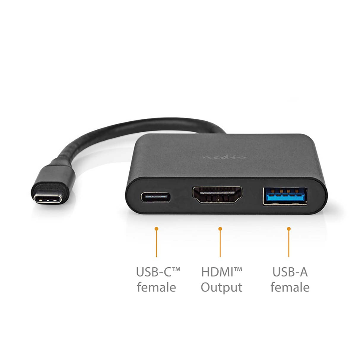 USB Multi-Port-Adapter | USB 3.2 Gen 1 | USB-C™ Stecker | HDMI™ Ausgang / USB-A Buchse / USB-C™ Buchse | 5 Gbps | 0.10 m | Rund | Vernickelt | PVC | Schwarz | Box