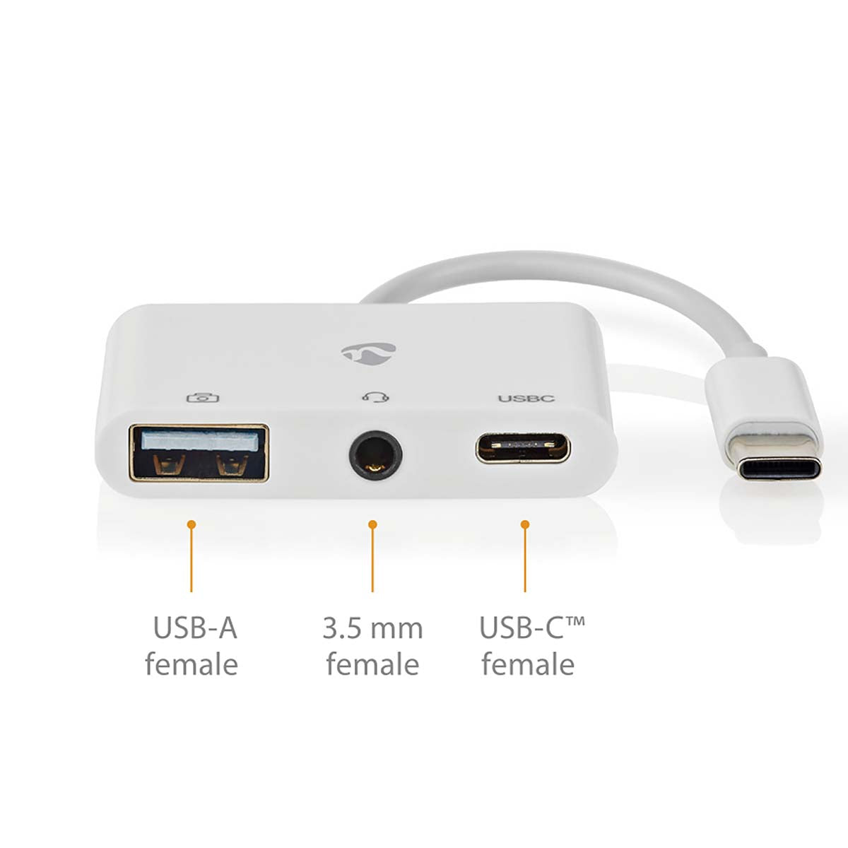 USB Multi-Port-Adapter | USB 2.0 | USB-C™ Stecker | USB-A Buchse / USB-C™ Buchse / 3.5 mm Buchse | 480 Mbps | 0.10 m | Rund | Vernickelt | PVC | Weiss | Box