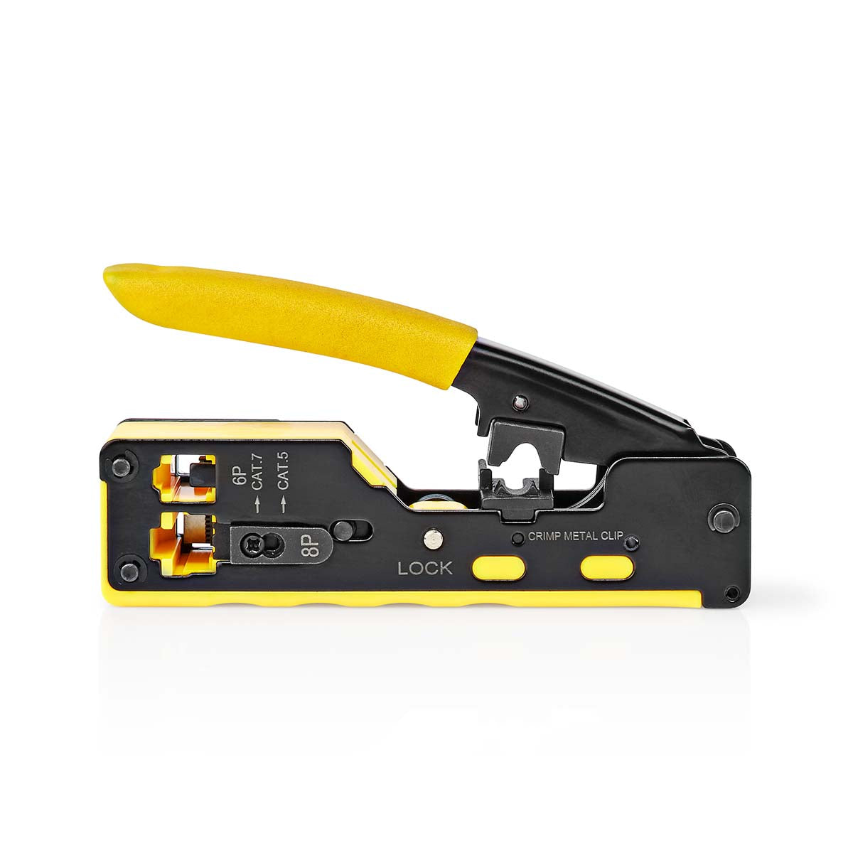 Crimp pliers | CAT5 / CAT5e / CAT6 / CAT6a / CAT7 / RJ12 / RJ45 | Abziehen / Schneiden / Zange | Gummi / Stahl | Gelb / Schwarz