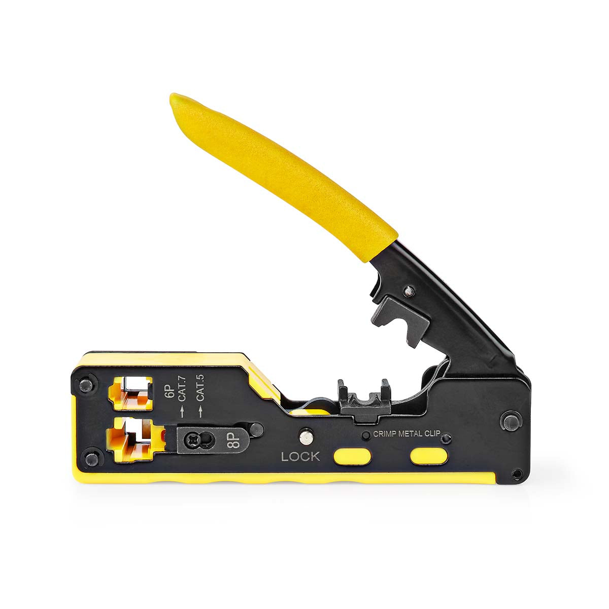 Crimp pliers | CAT5 / CAT5e / CAT6 / CAT6a / CAT7 / RJ12 / RJ45 | Abziehen / Schneiden / Zange | Gummi / Stahl | Gelb / Schwarz